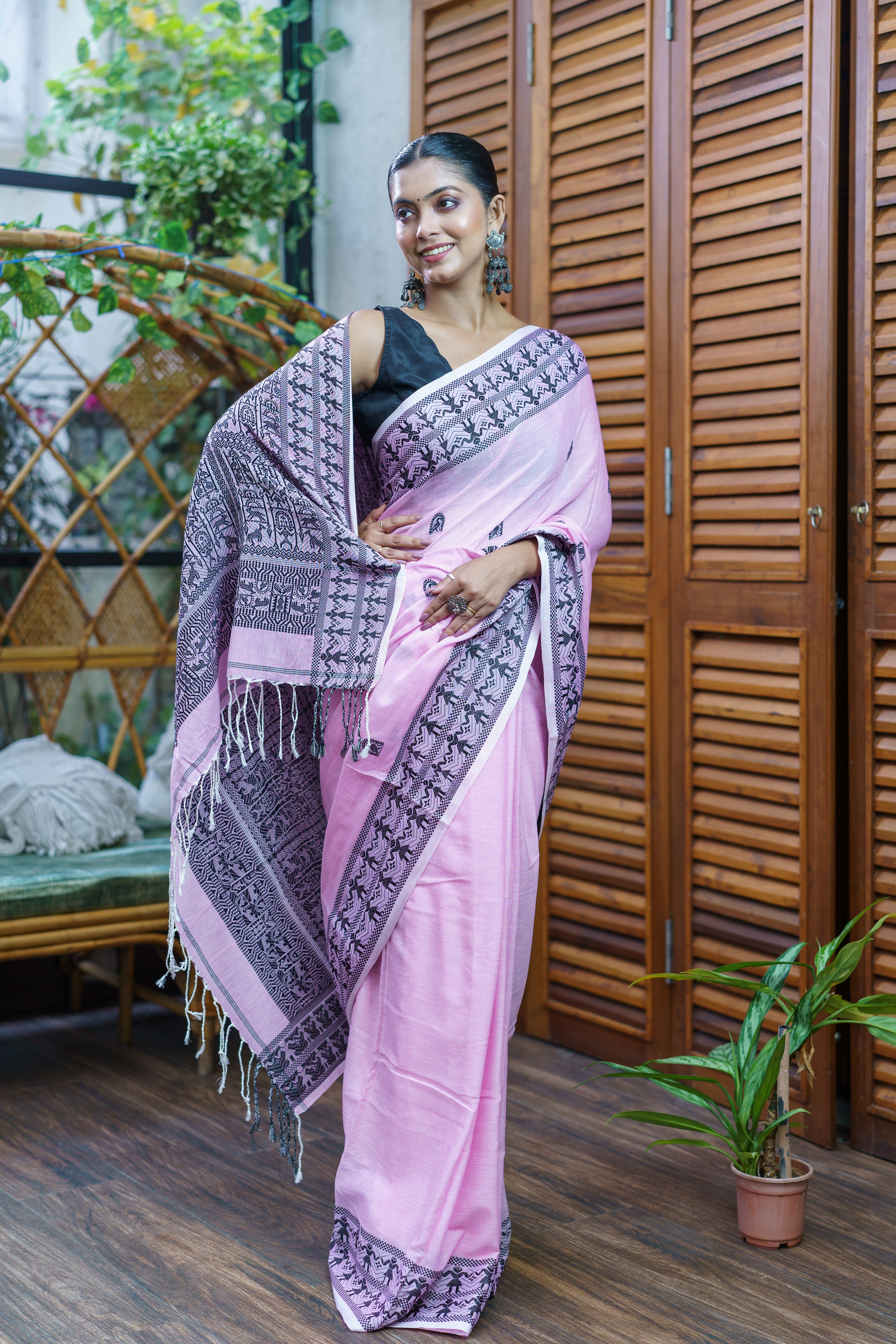 Pink & Black Pure Mashrise Cotton Hand Weaving Saree