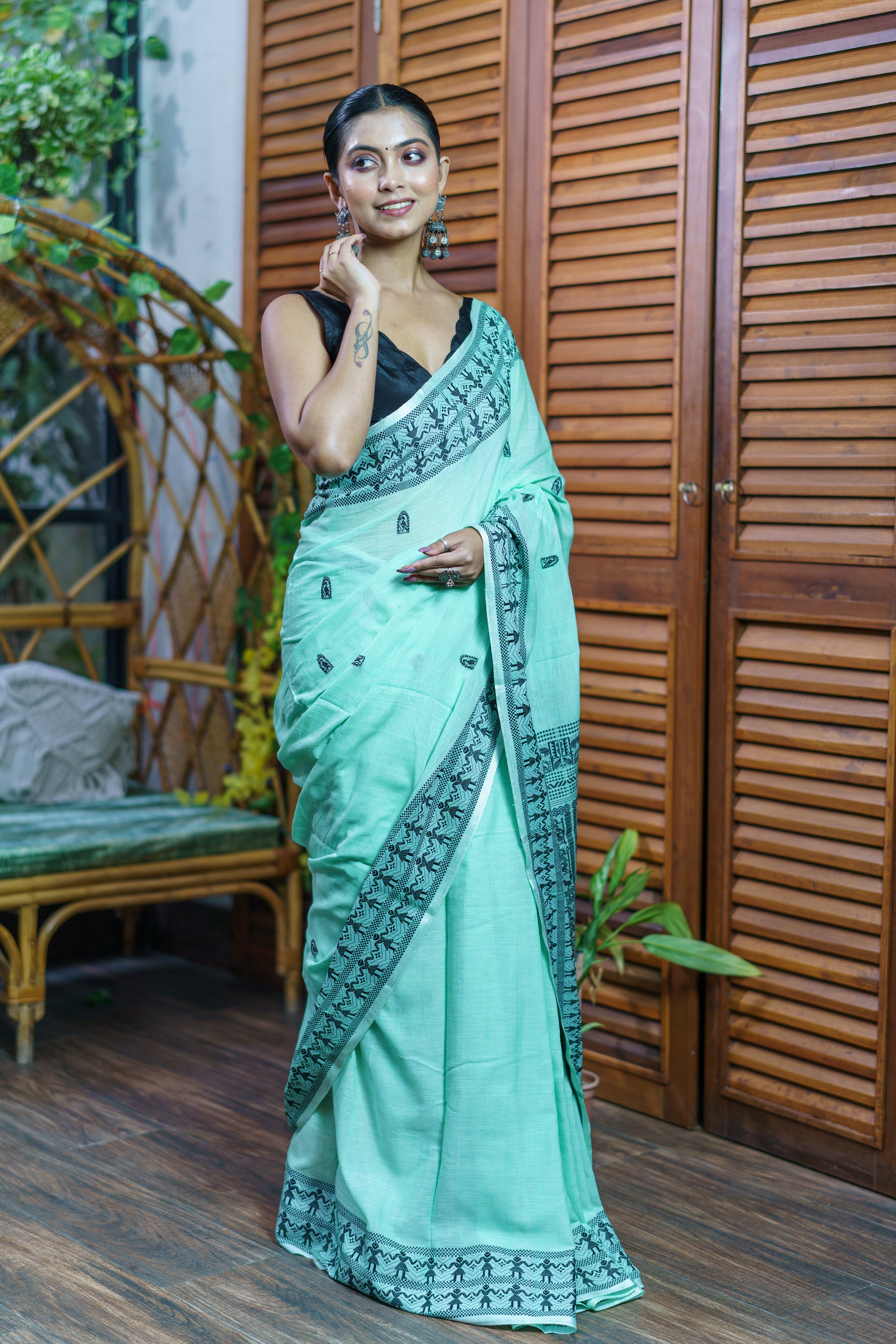 Pistachio & Black Pure Mashrise Cotton Hand Weaving Saree