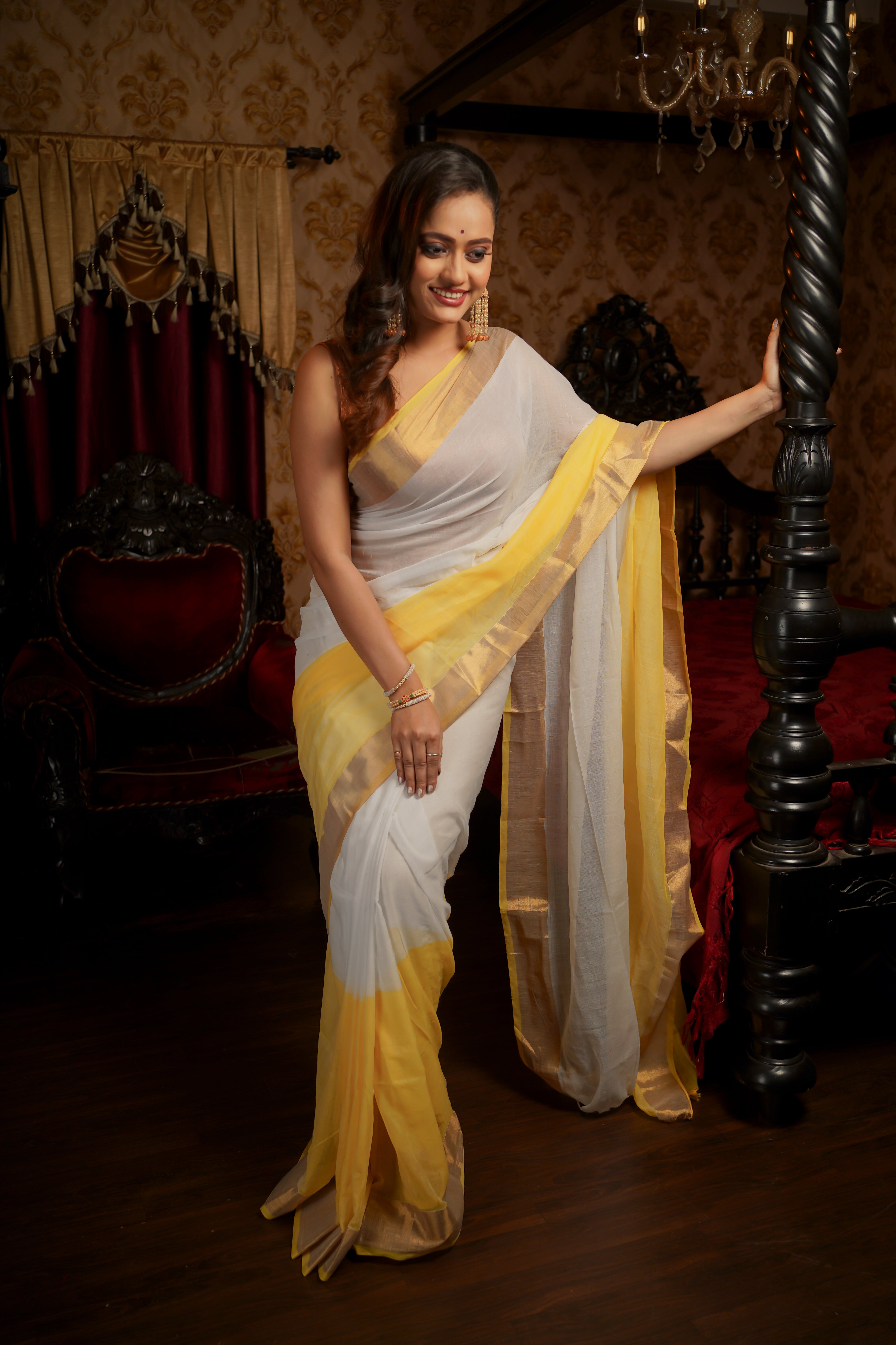 White & Yellow Rangriti Pure Mul Mul Cotton Saree with blouse piece