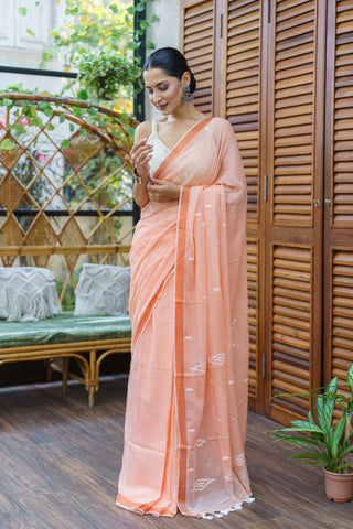 Hand Weaving Mulmul Cotton Saree- Peach
