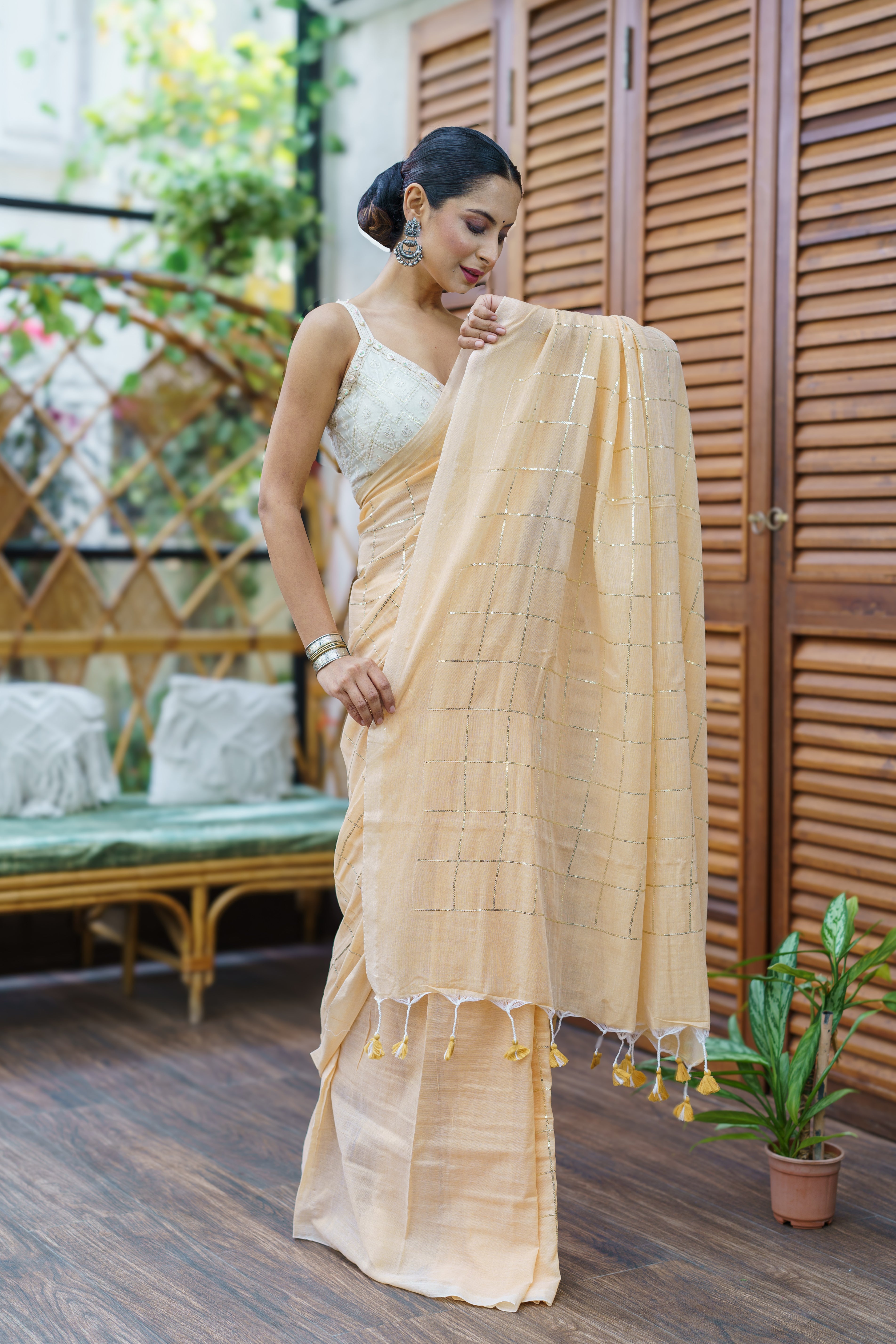 Almond pure khadi cotton sequence work saree