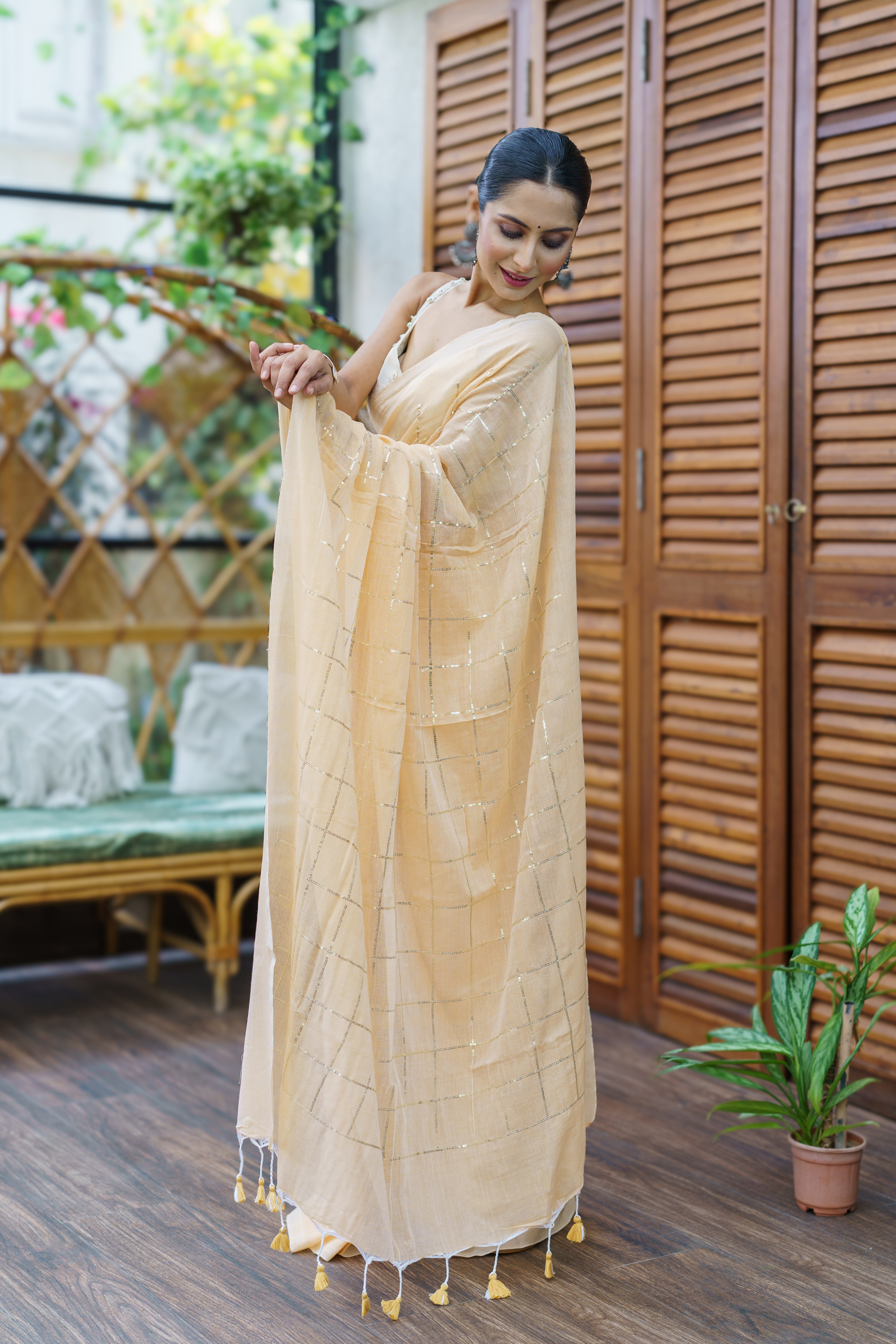 Almond pure khadi cotton sequence work saree