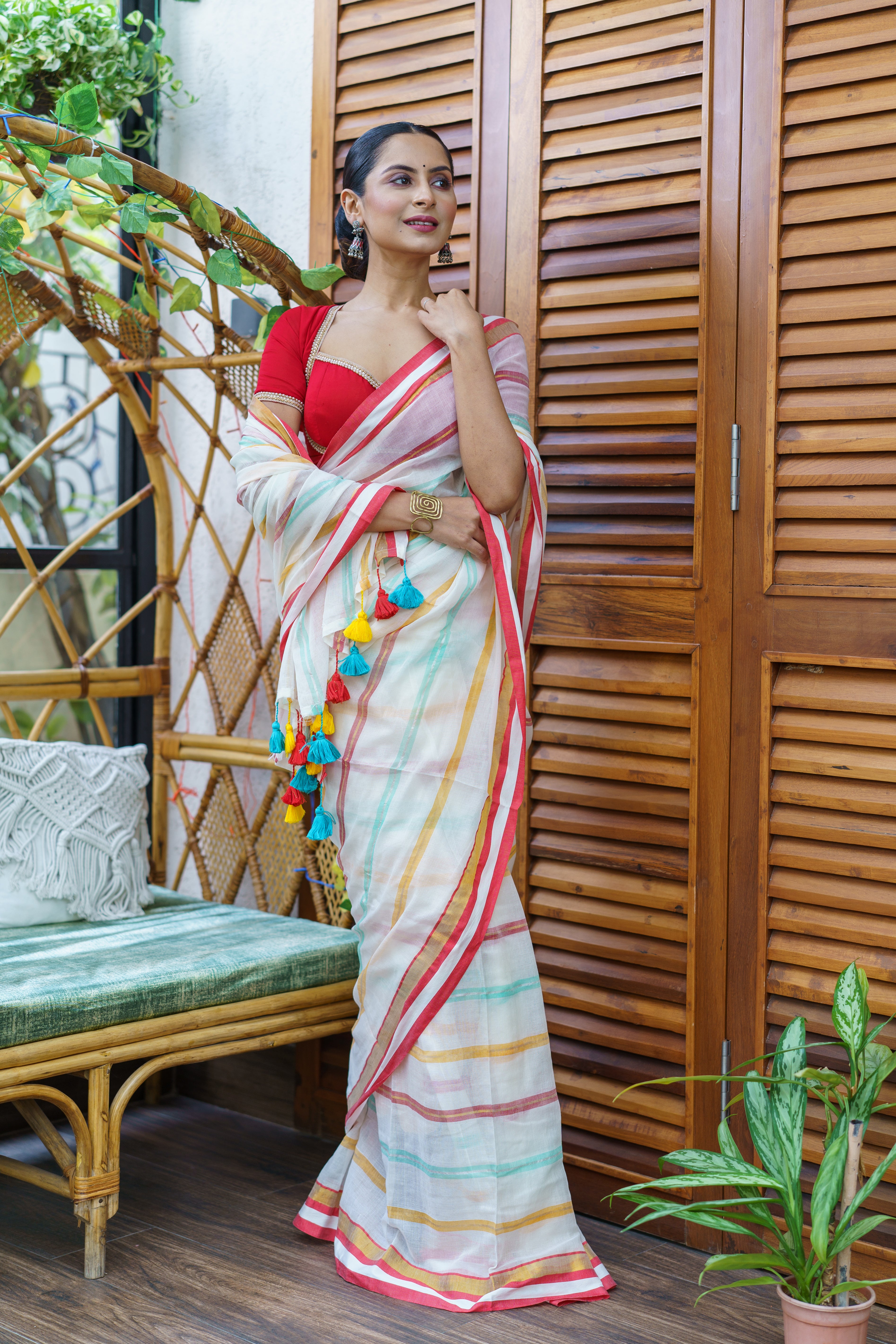Off white and Red Striped Mul Mul Cotton Saree with blouse piece