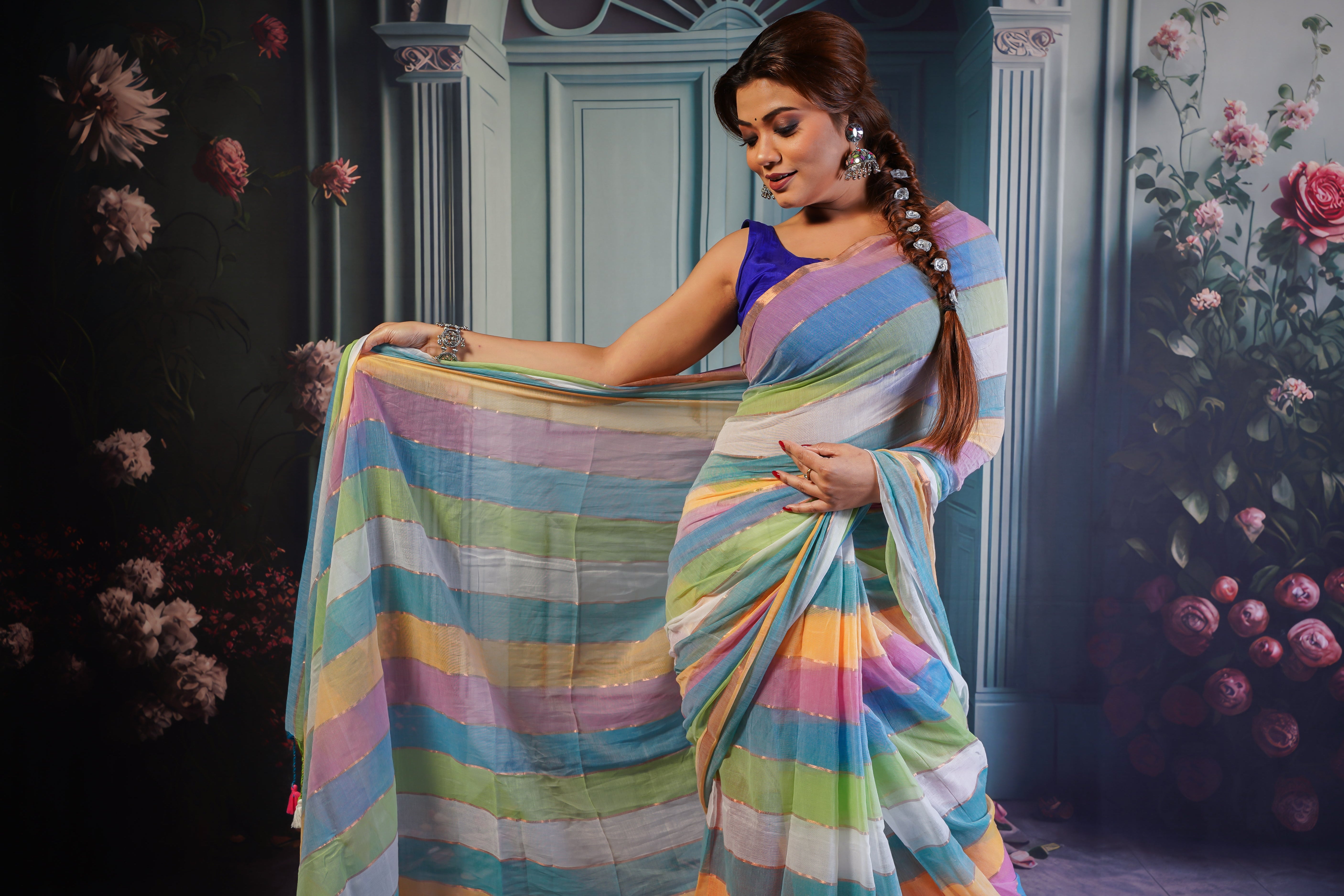 Multicolour Rainbow Mul Mul Cotton Saree with  Blouse piece