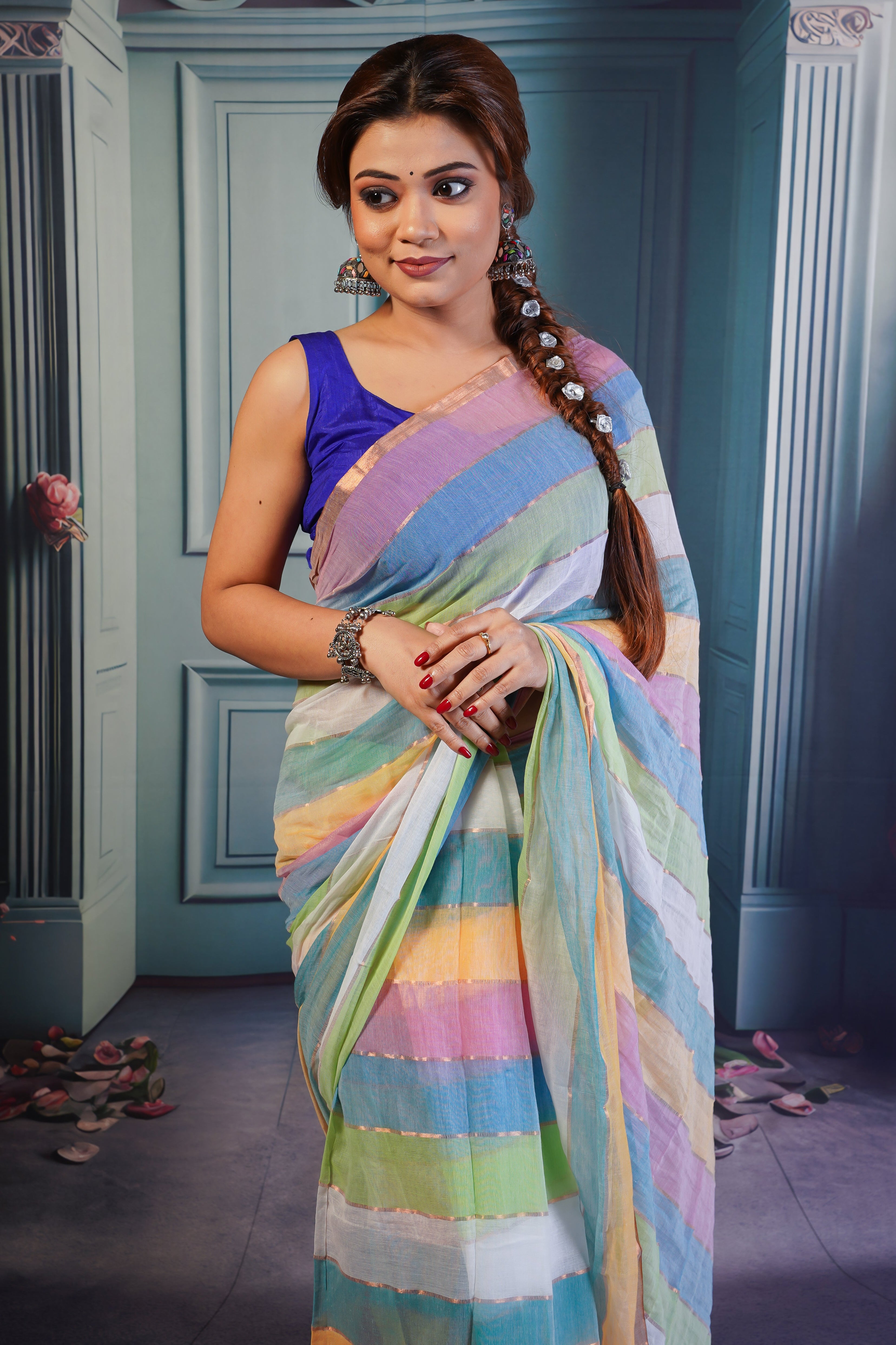 Multicolour Rainbow Mul Mul Cotton Saree with  Blouse piece