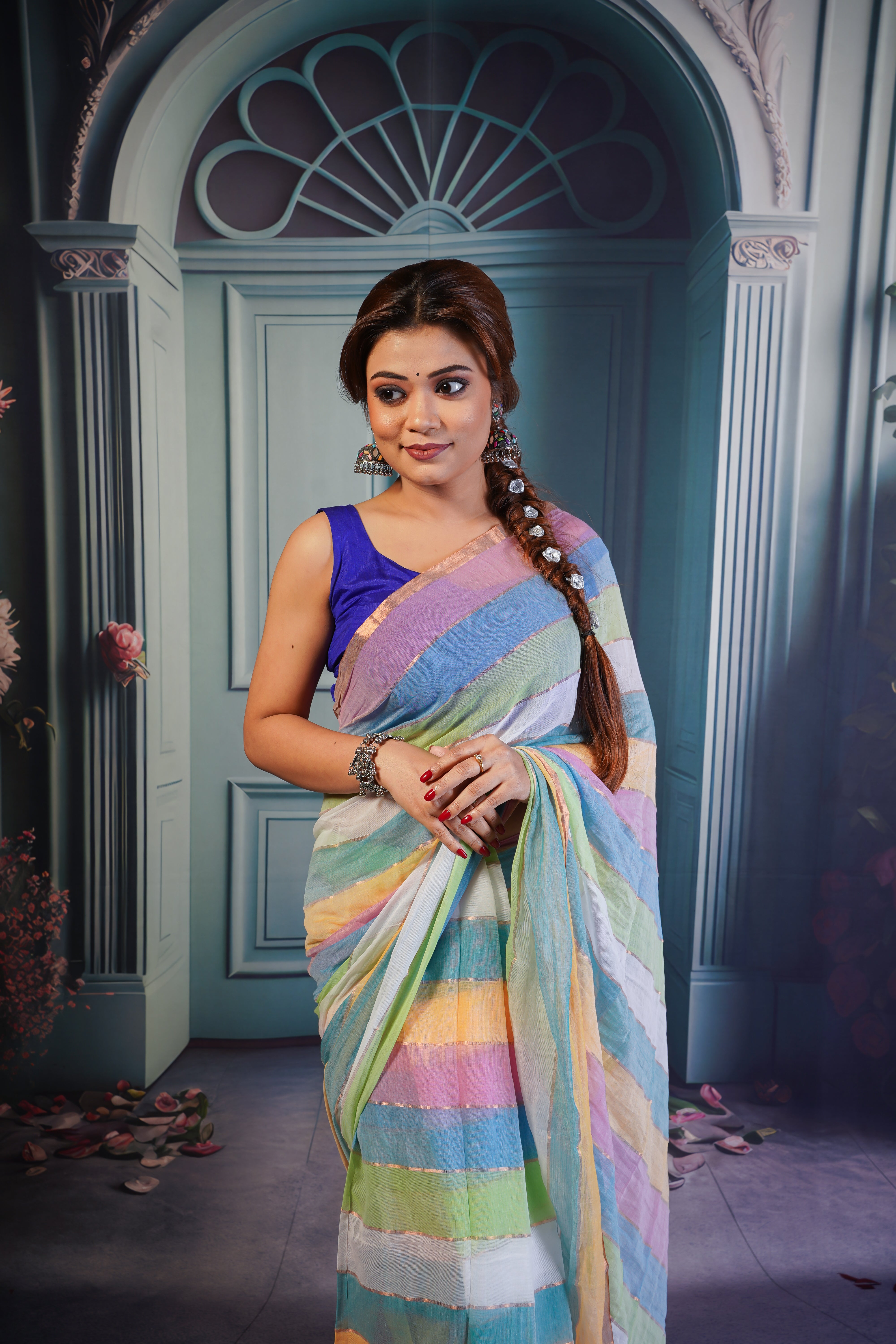 Multicolour Rainbow Mul Mul Cotton Saree with Blouse piece