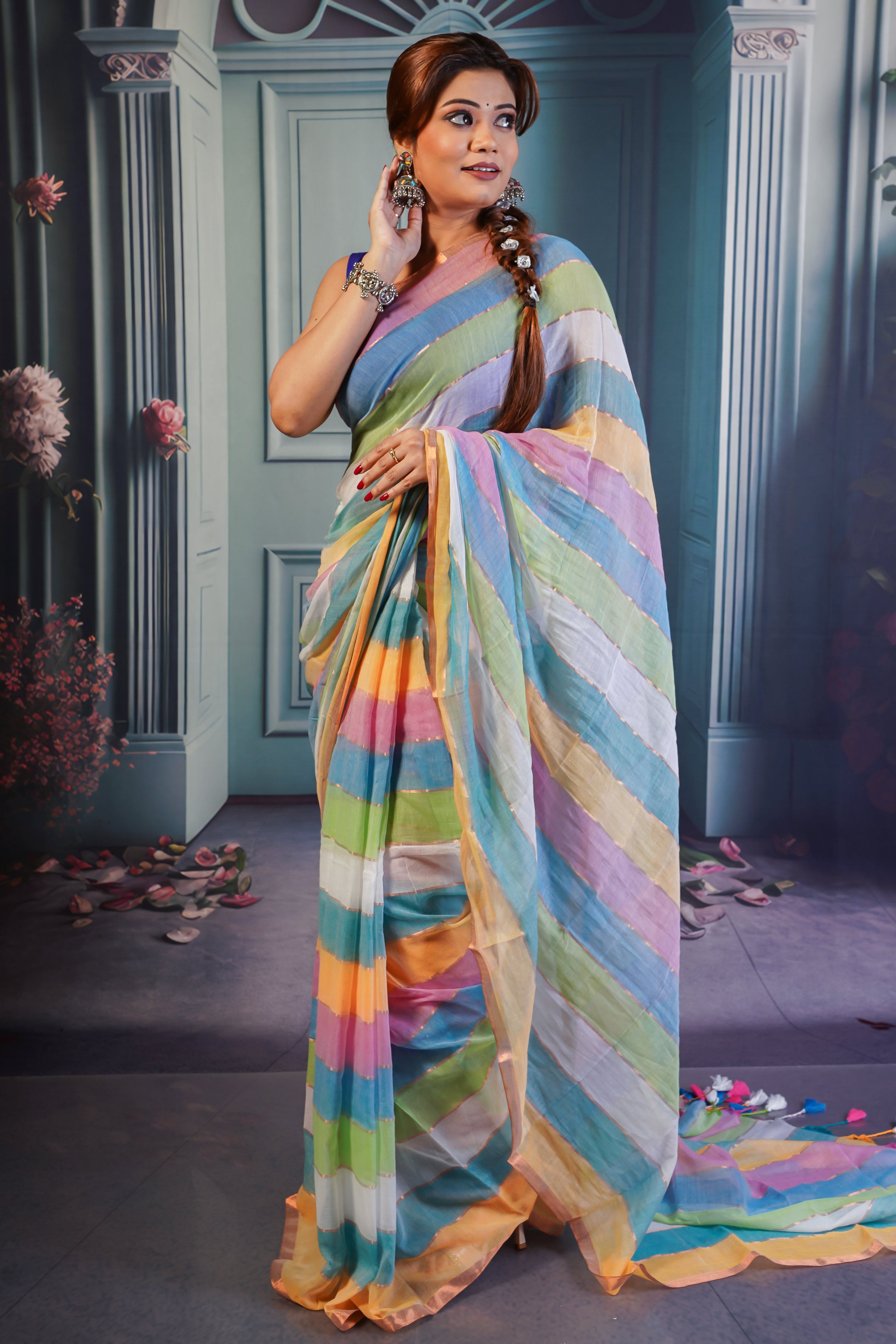 Multicolour Rainbow Mul Mul Cotton Saree with  Blouse piece