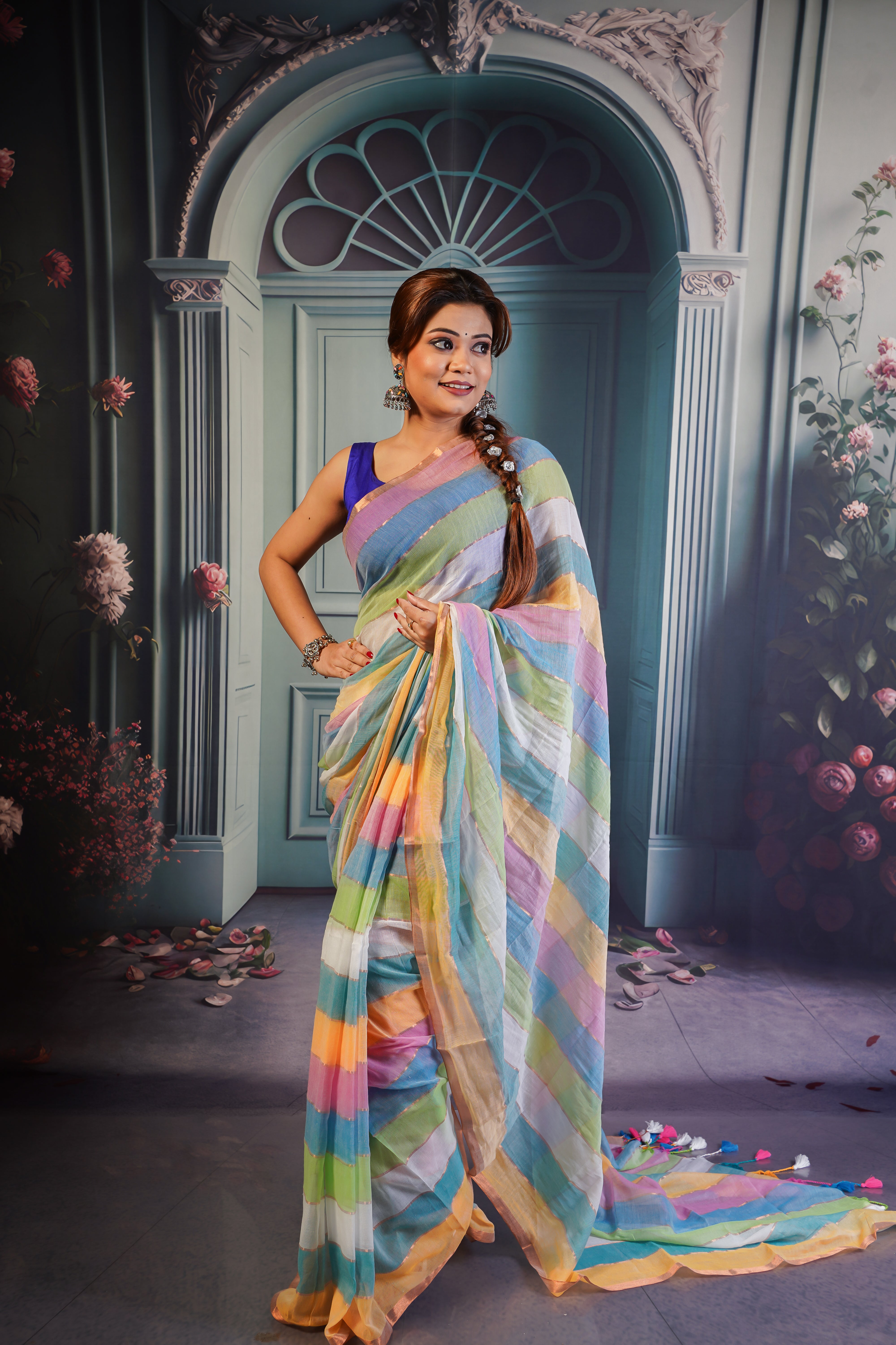 Multicolour Rainbow Mul Mul Cotton Saree with Blouse piece