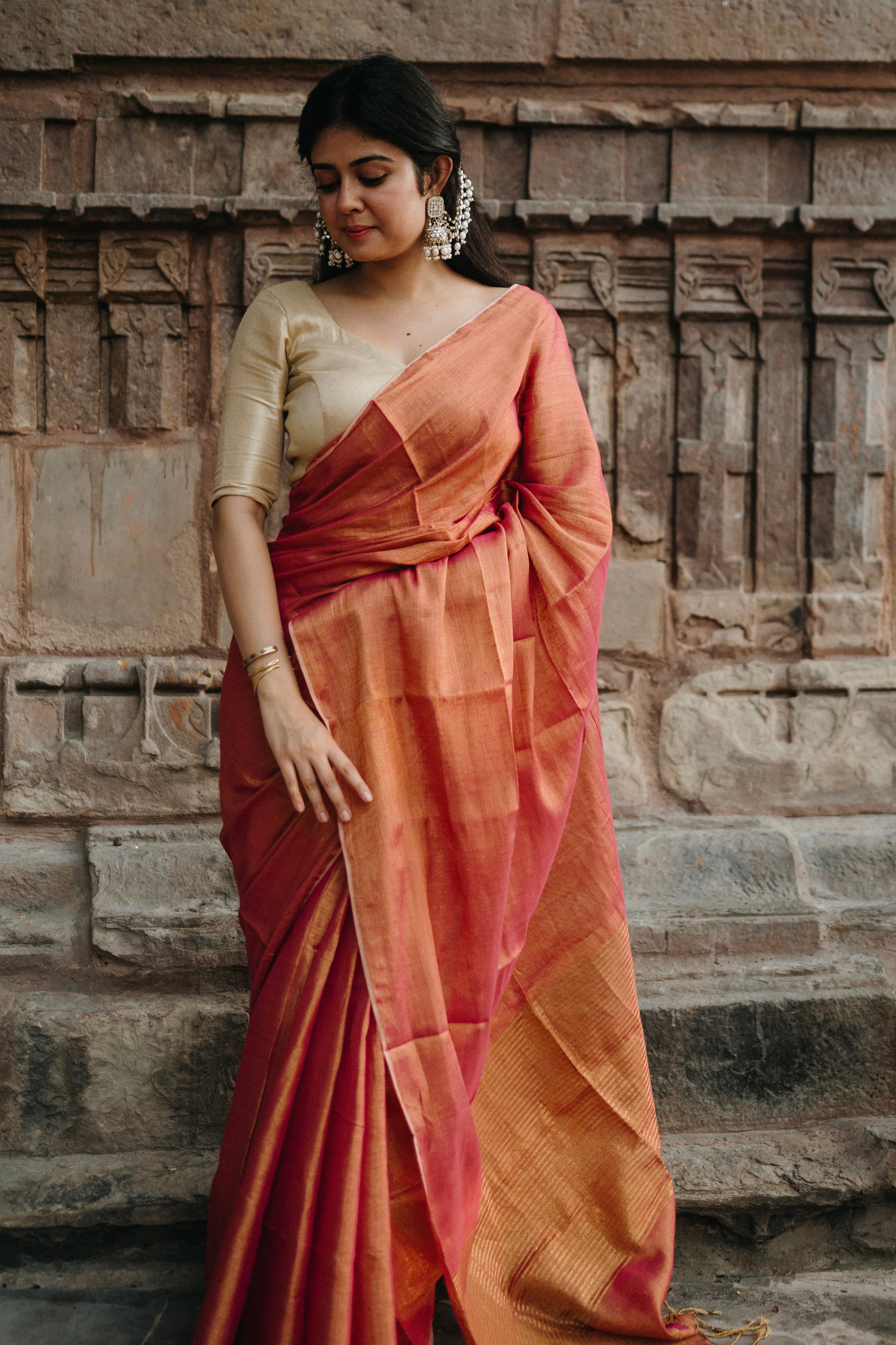 Dual Tone Tissue Linen Saree- Roseberry