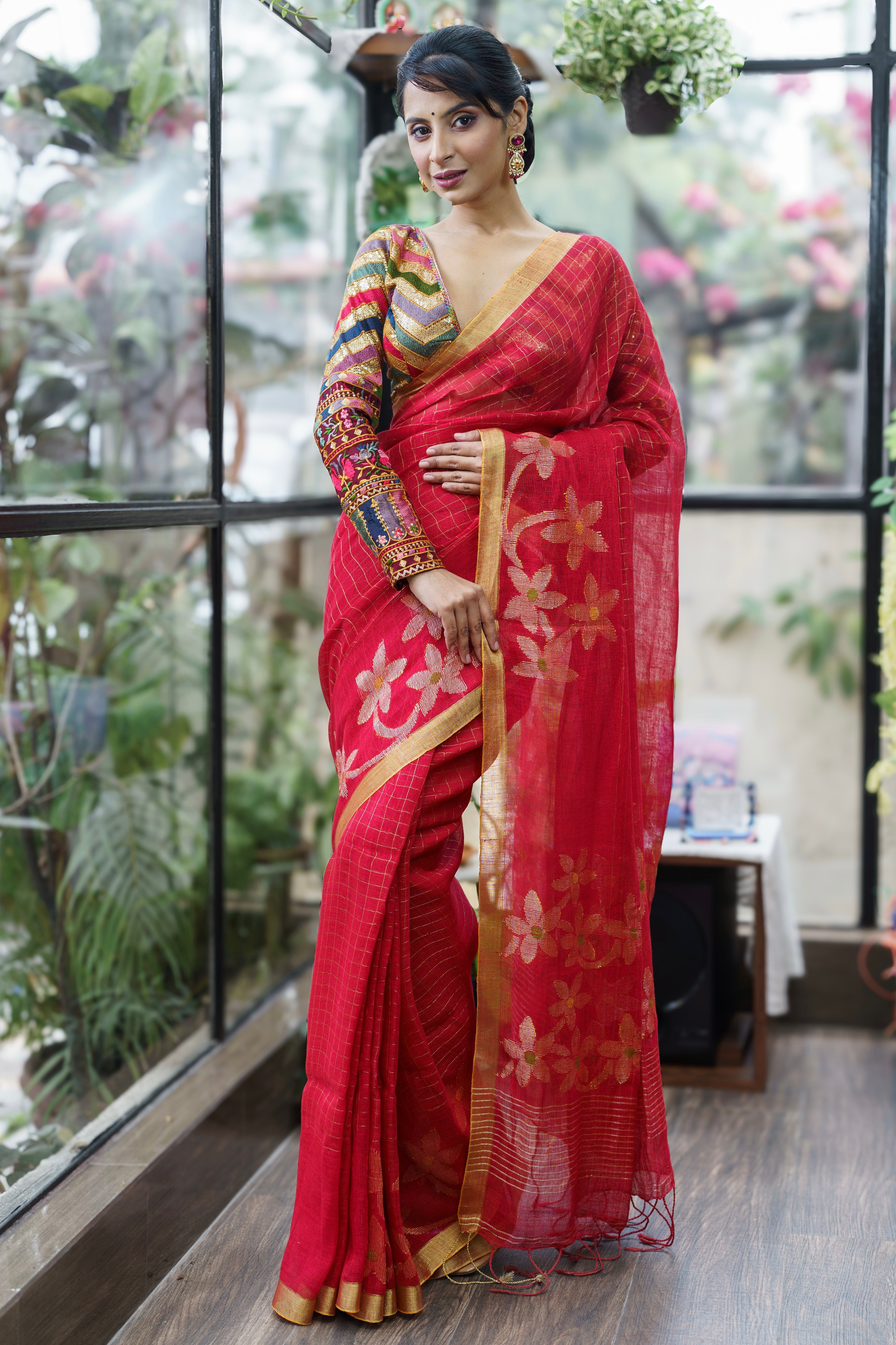 Red Handwoven Linen Saree with Zari Checks & Floral Motifs