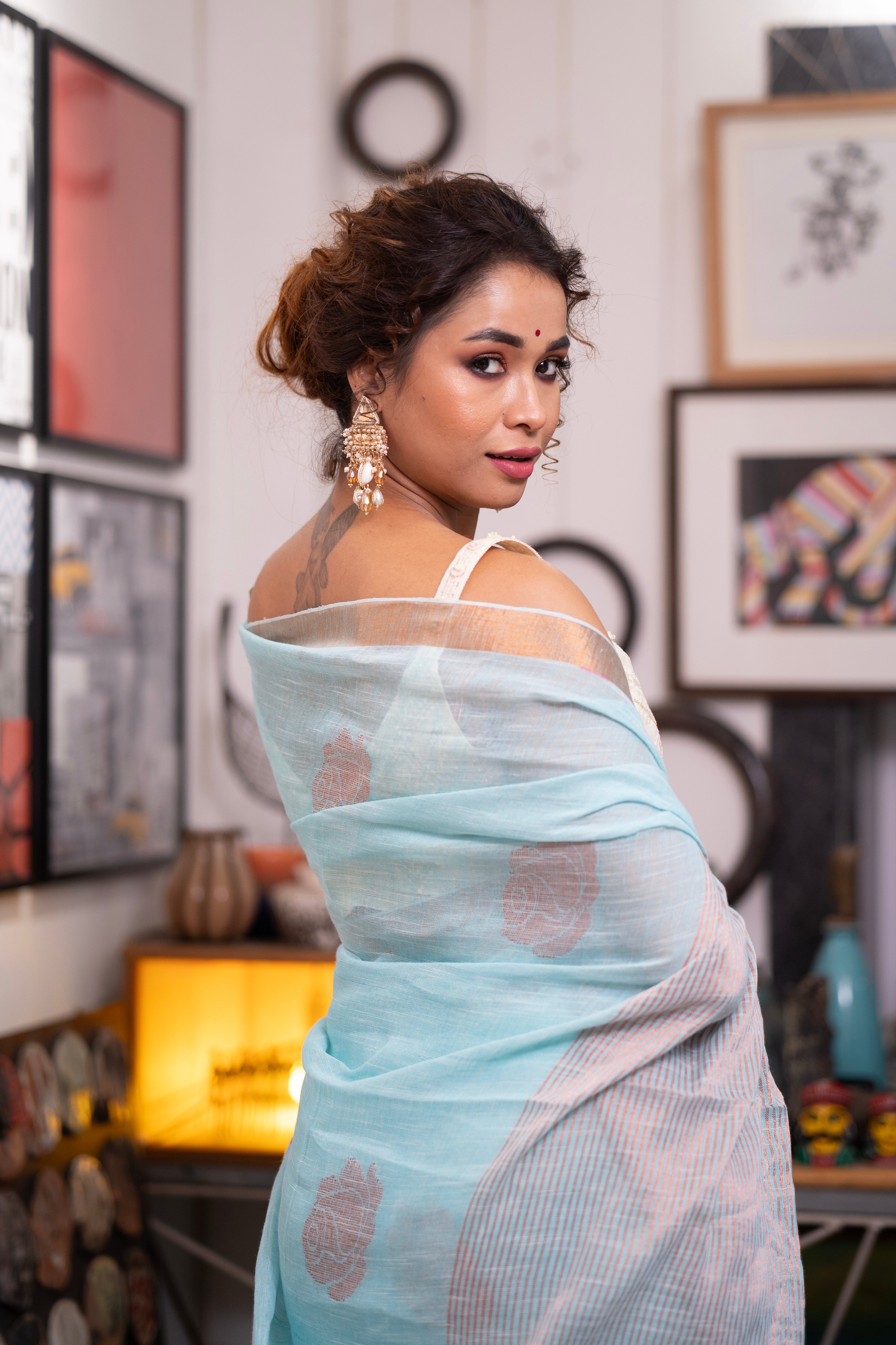 Sky Blue flowers motive  Linen Saree