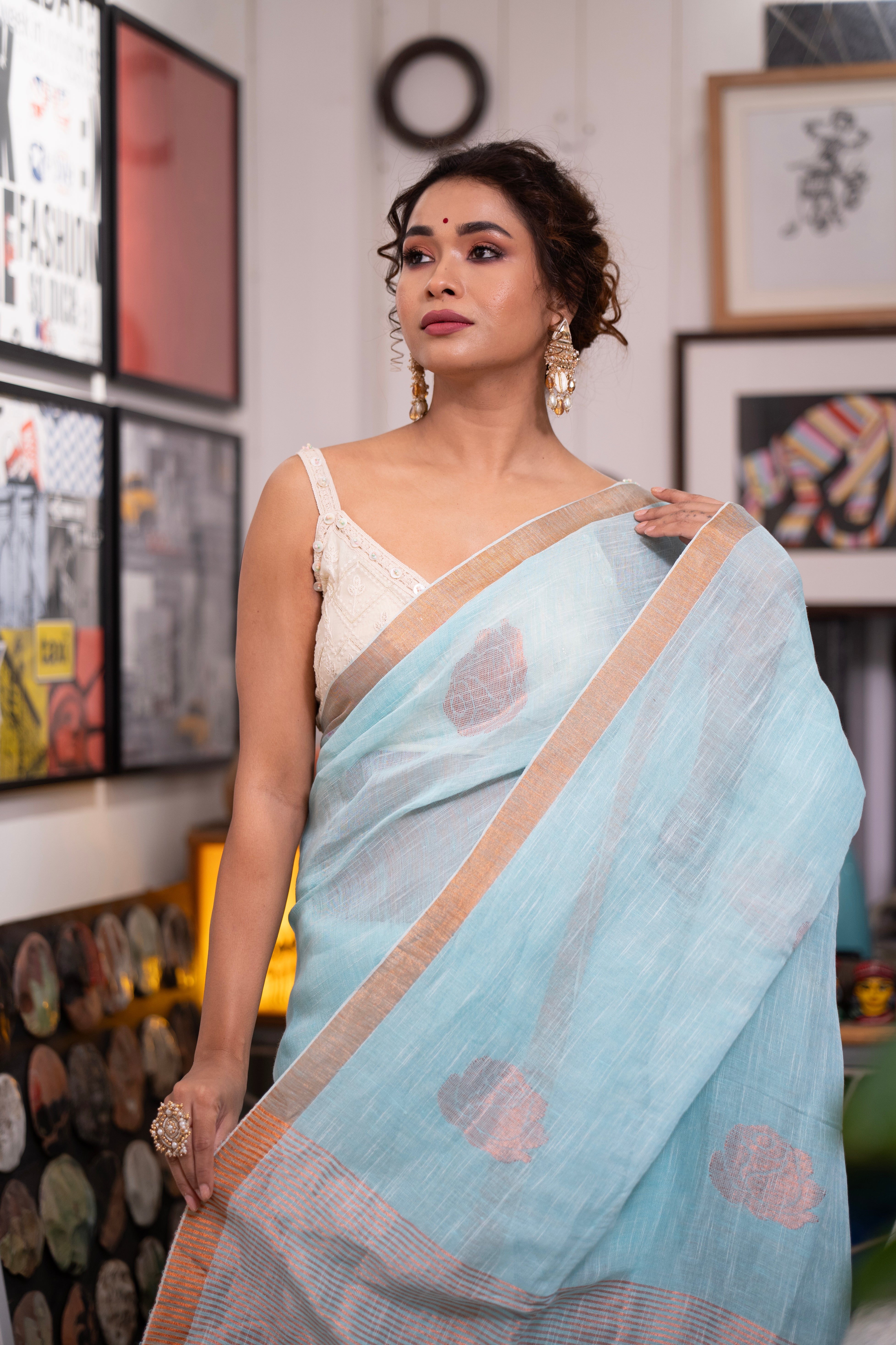 Sky Blue flowers motive  Linen Saree