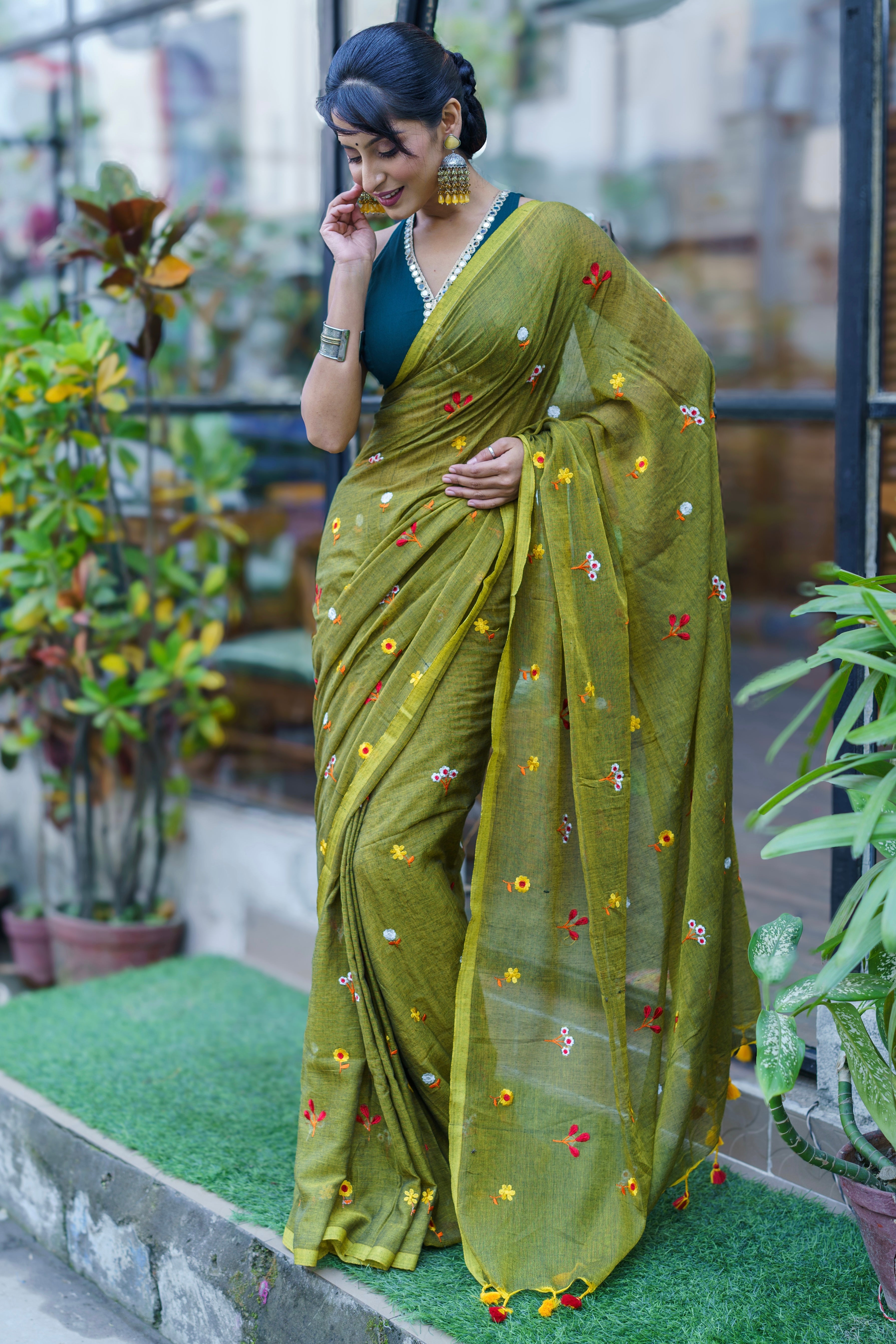 Olive Embroidered Mul Mul Cotton
