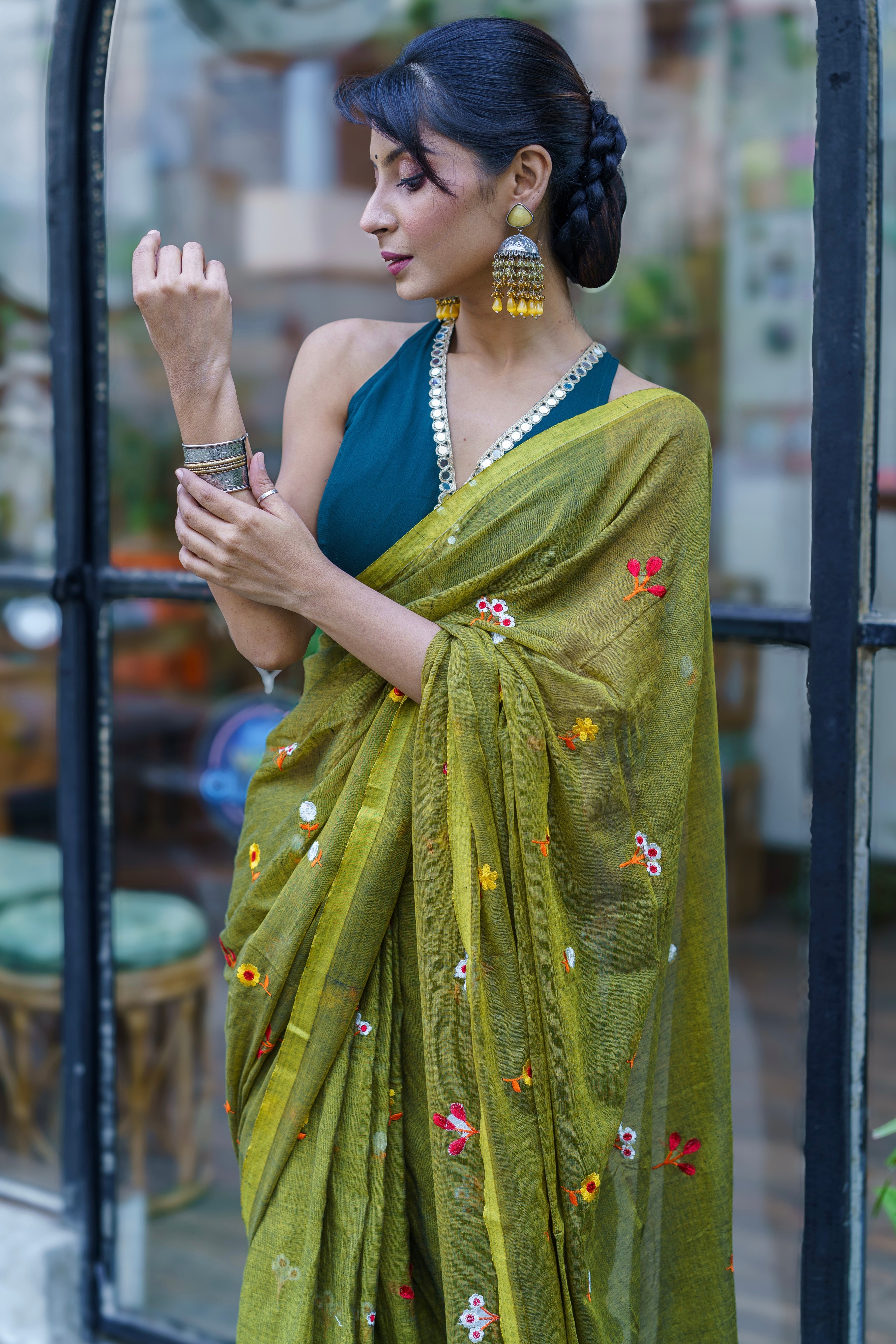 Olive Embroidered Mul Mul Cotton