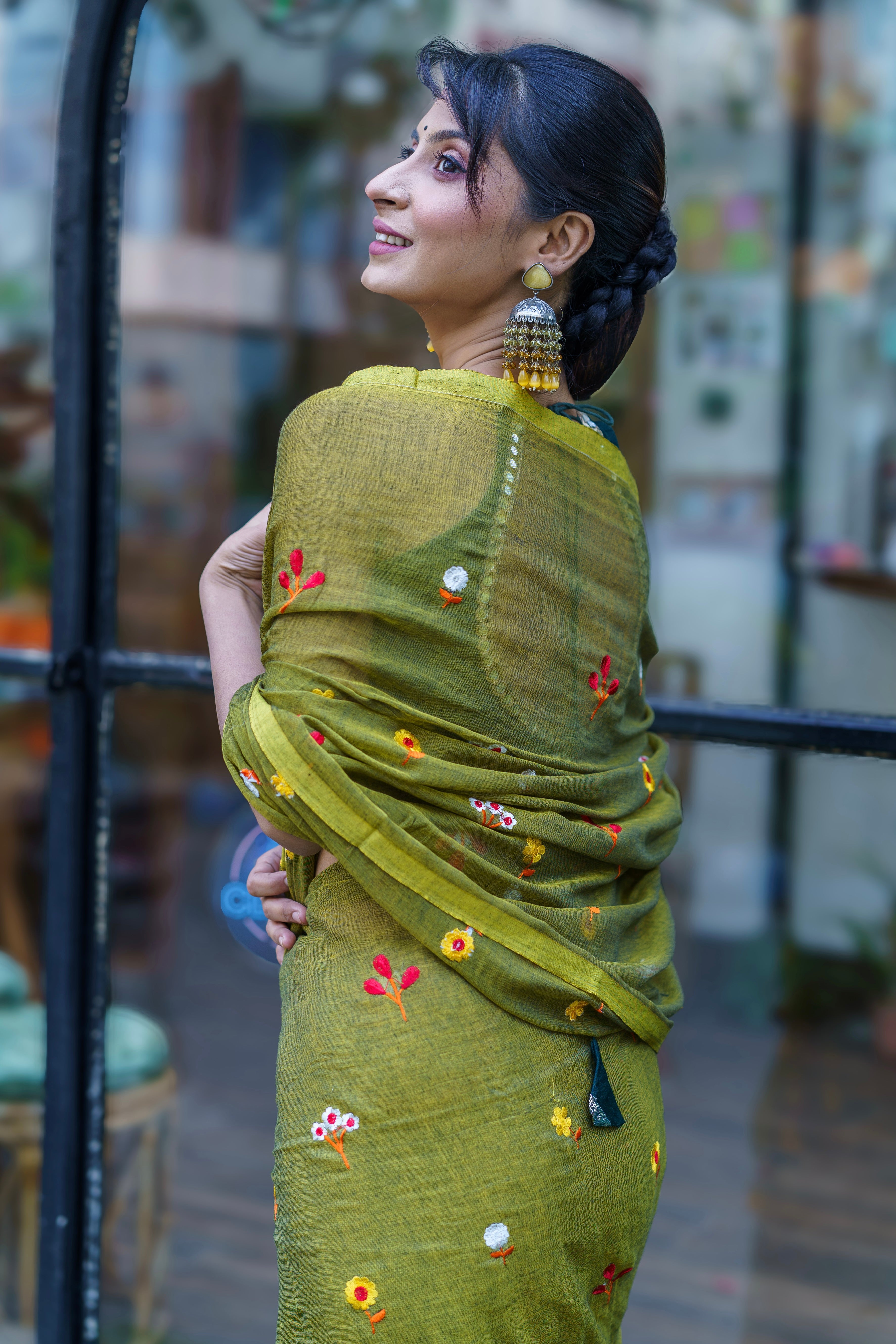 Olive Embroidered Mul Mul Cotton