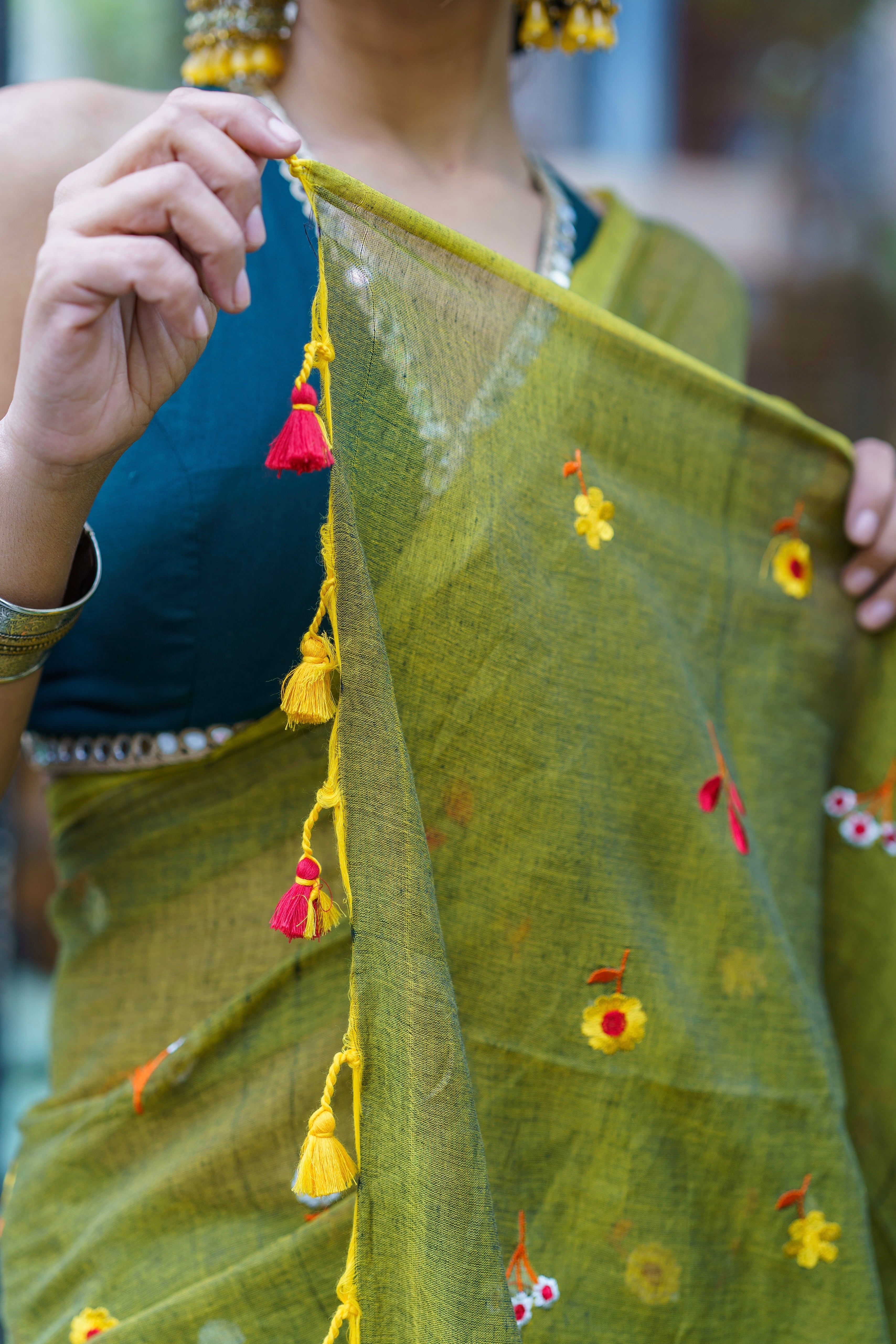 Olive Embroidered Mul Mul Cotton