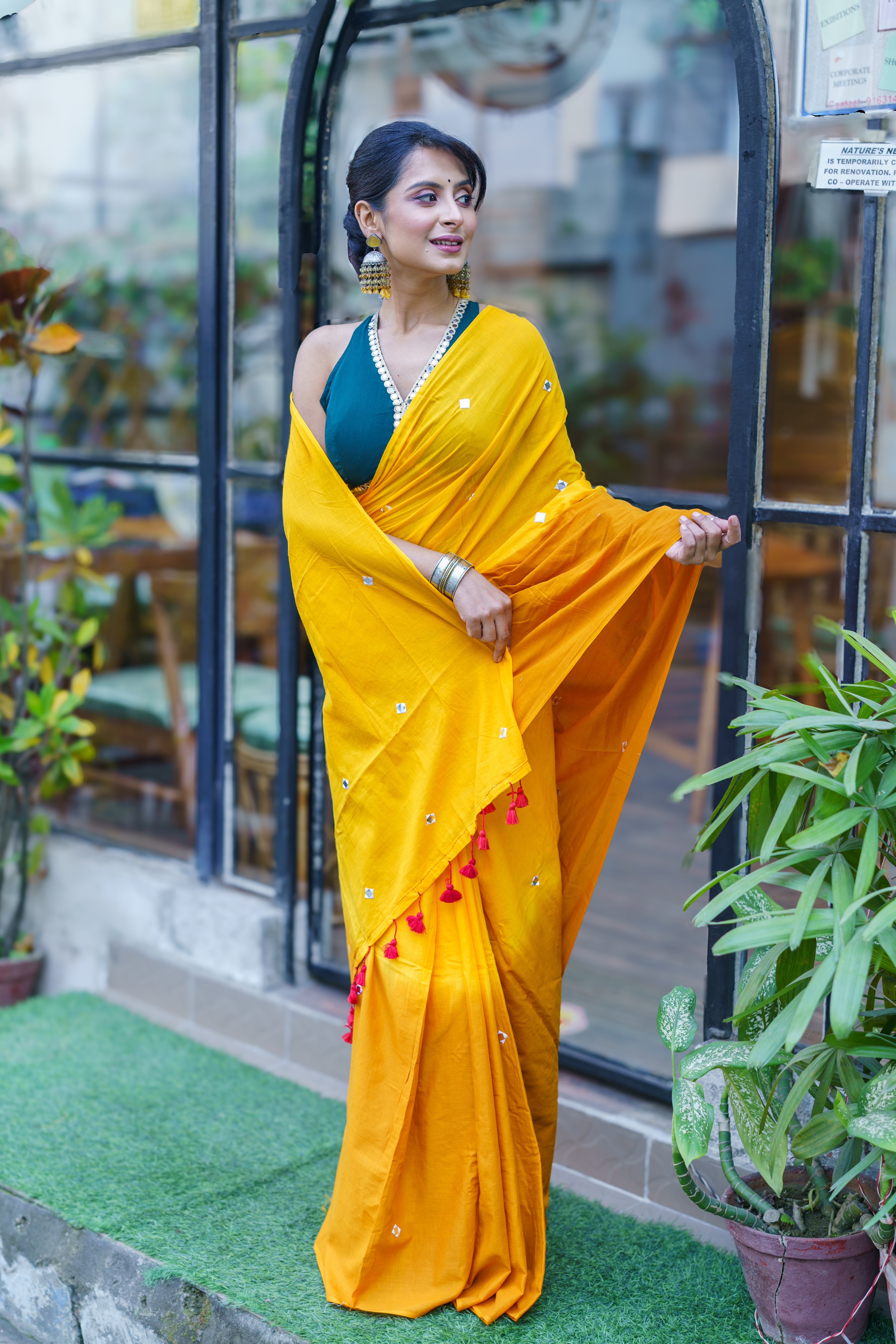 Pure Mul Cotton Mirror Work Saree- Yellow