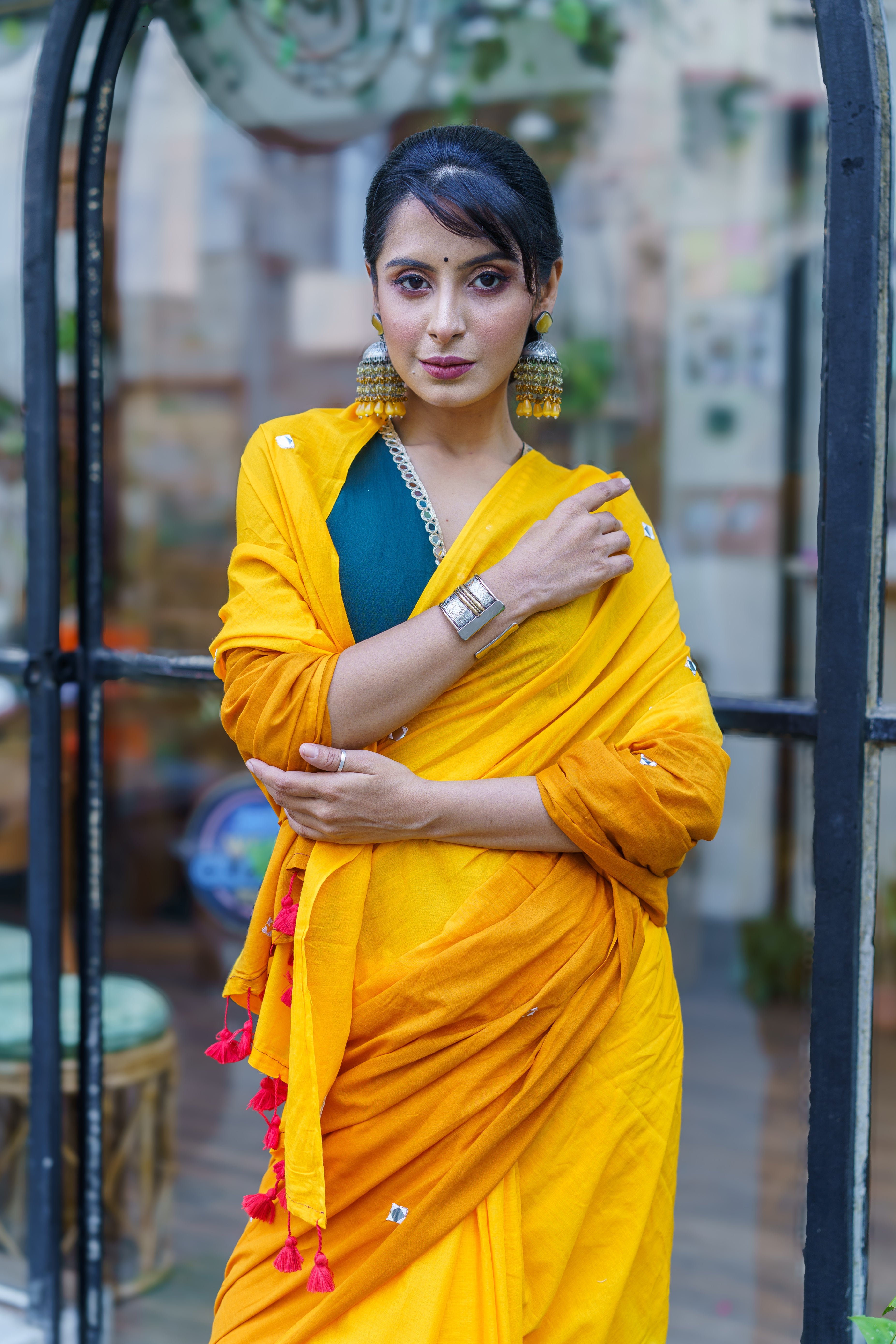 Pure Mul Cotton Mirror Work Saree- Yellow