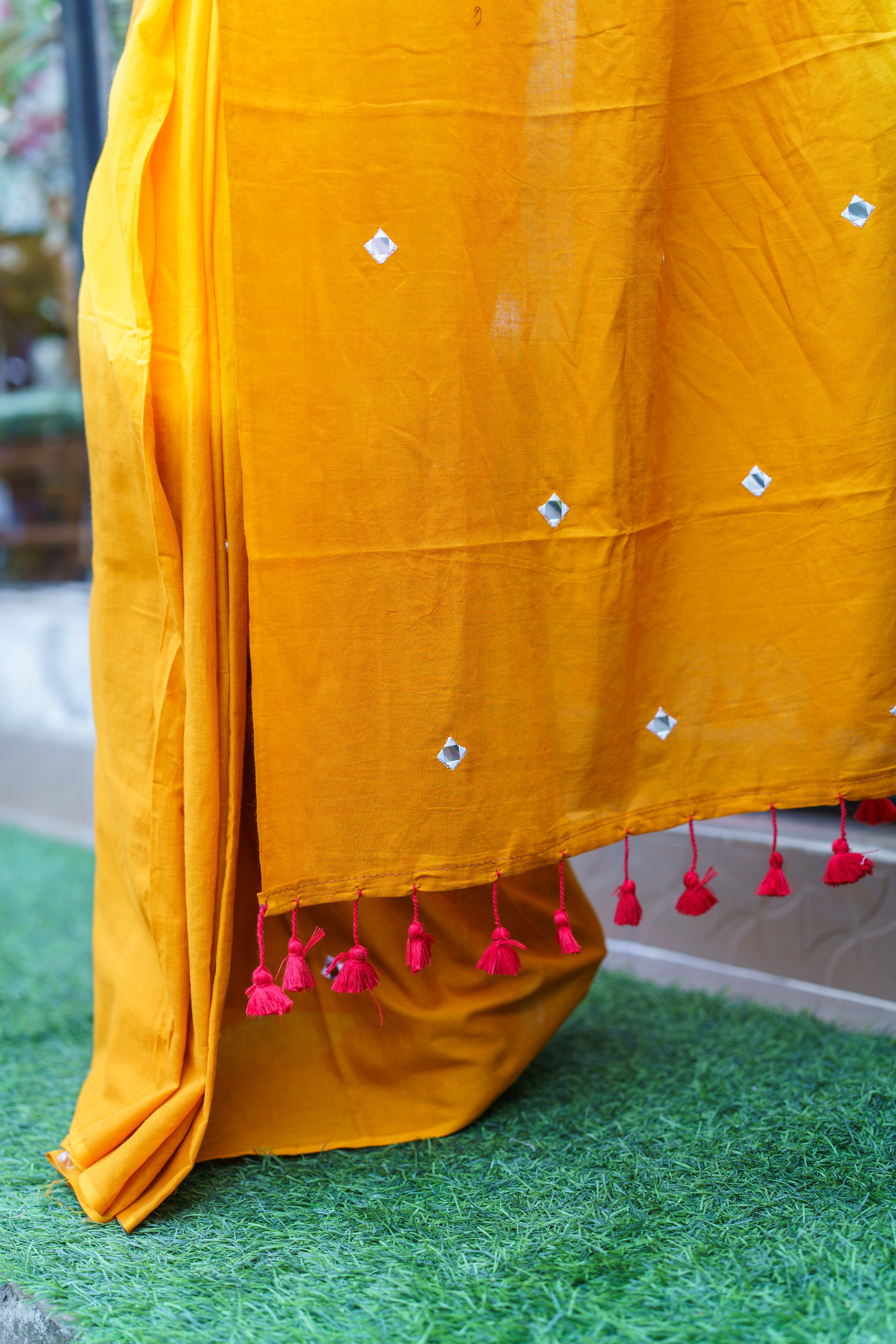 Pure Mul Cotton Mirror Work Saree- Yellow