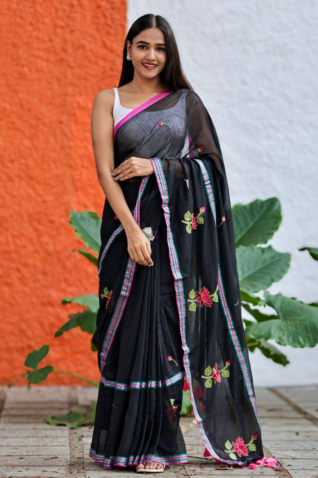 Black lotus embroidery mulmul cotton saree with blouse piece