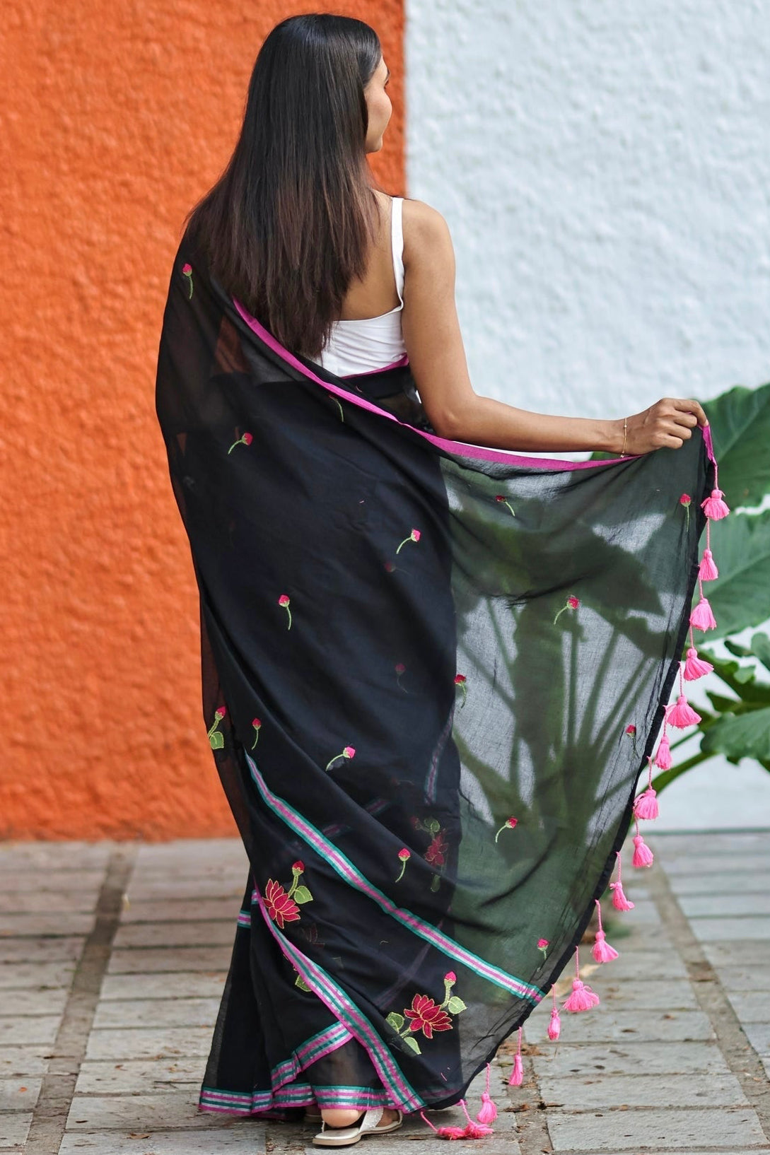 Black lotus embroidery mulmul cotton saree with blouse piece
