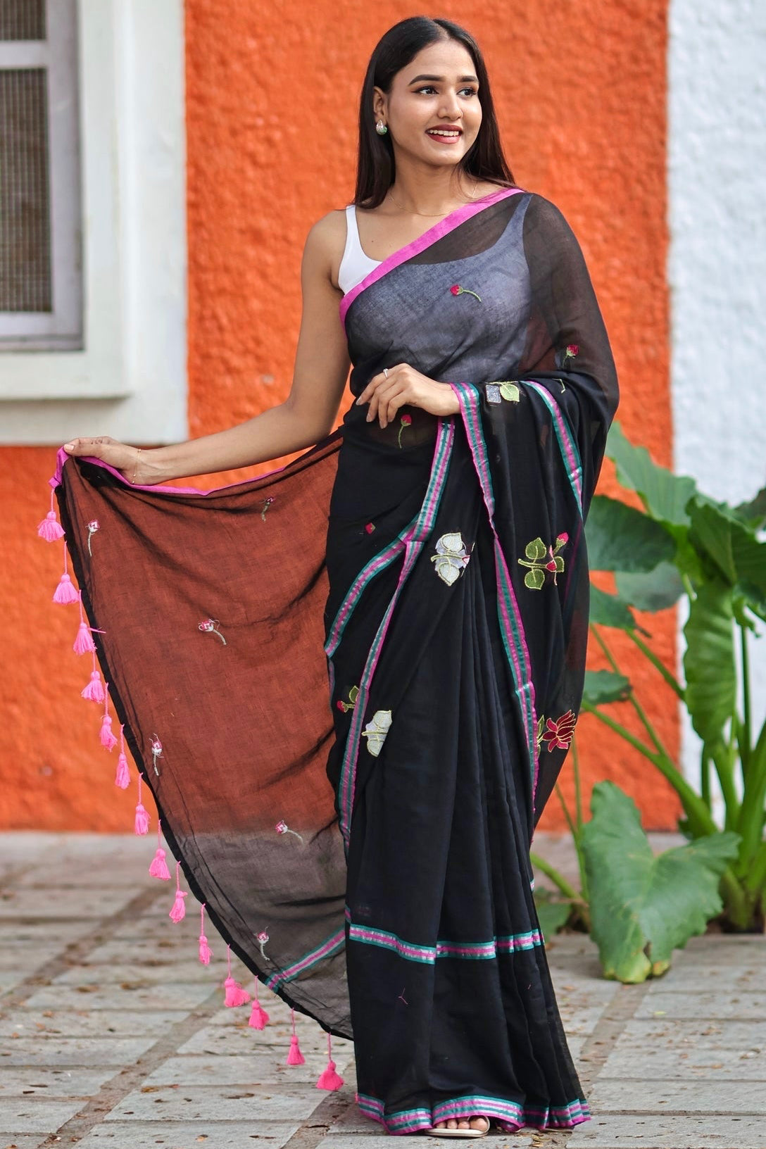 Black lotus embroidery mulmul cotton saree with blouse piece