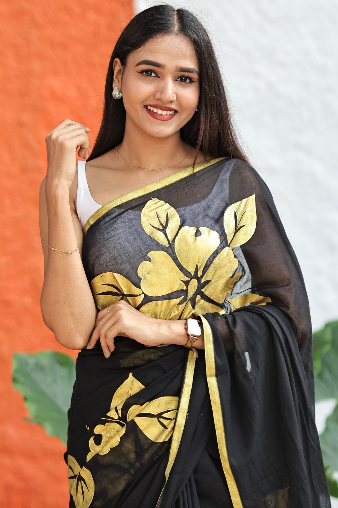 Premium Black Flower Gold Printed Mulmul Cotton Saree