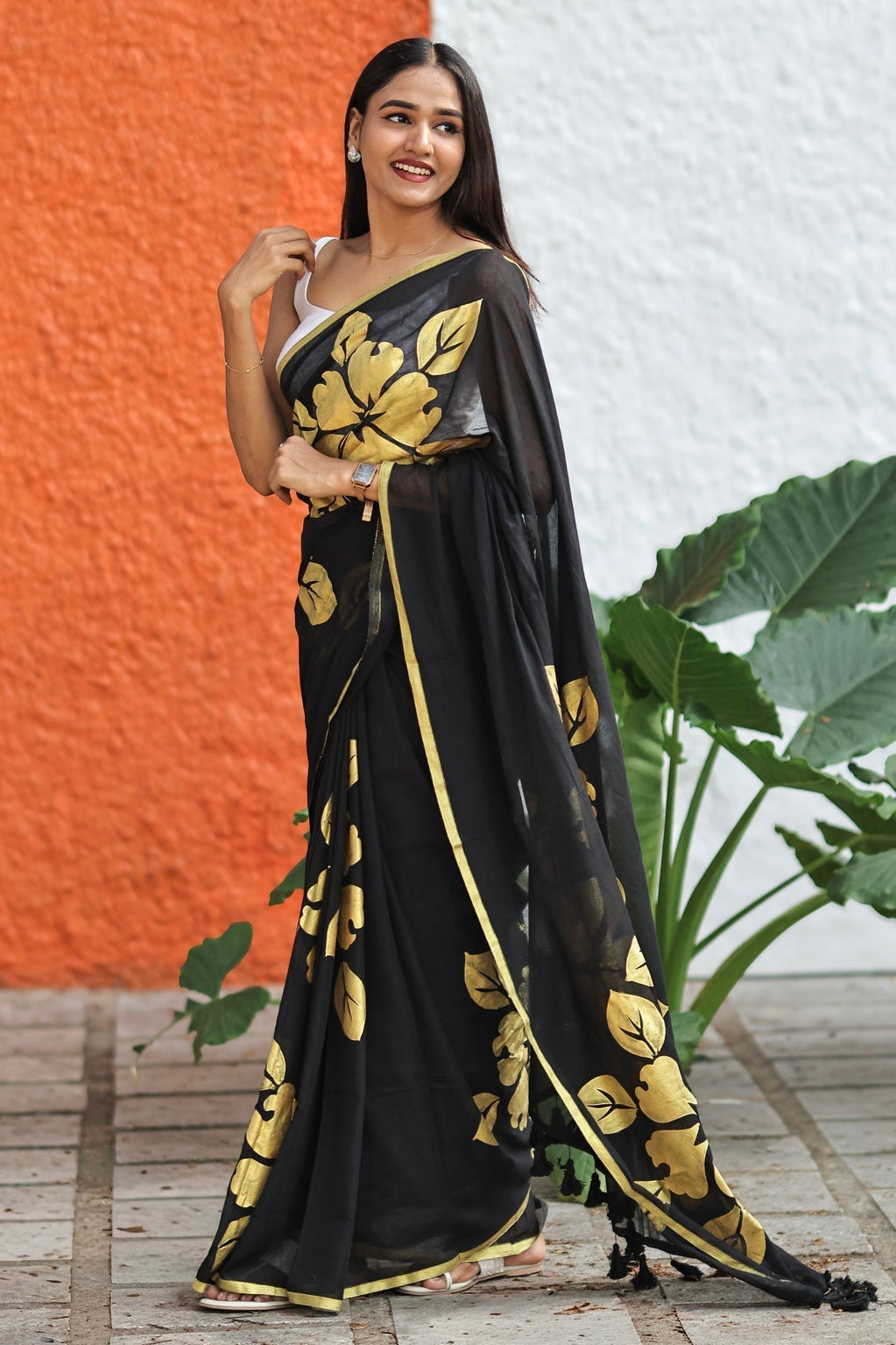 Premium Black Flower Gold Printed Mulmul Cotton Saree