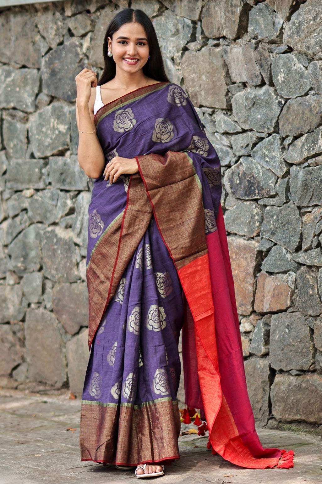 RED AND LAVENDER COTTON ACRYLIC SAREE with FLORAL ZARI