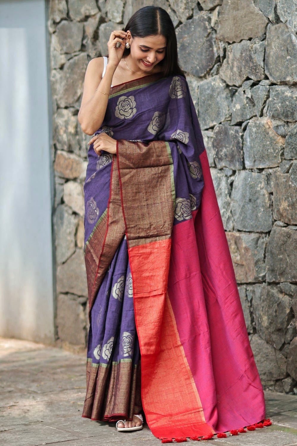 RED AND LAVENDER COTTON ACRYLIC SAREE with FLORAL ZARI