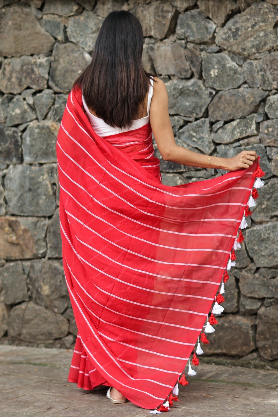 Red Mulmul Cotton Check Saree with White Stripes