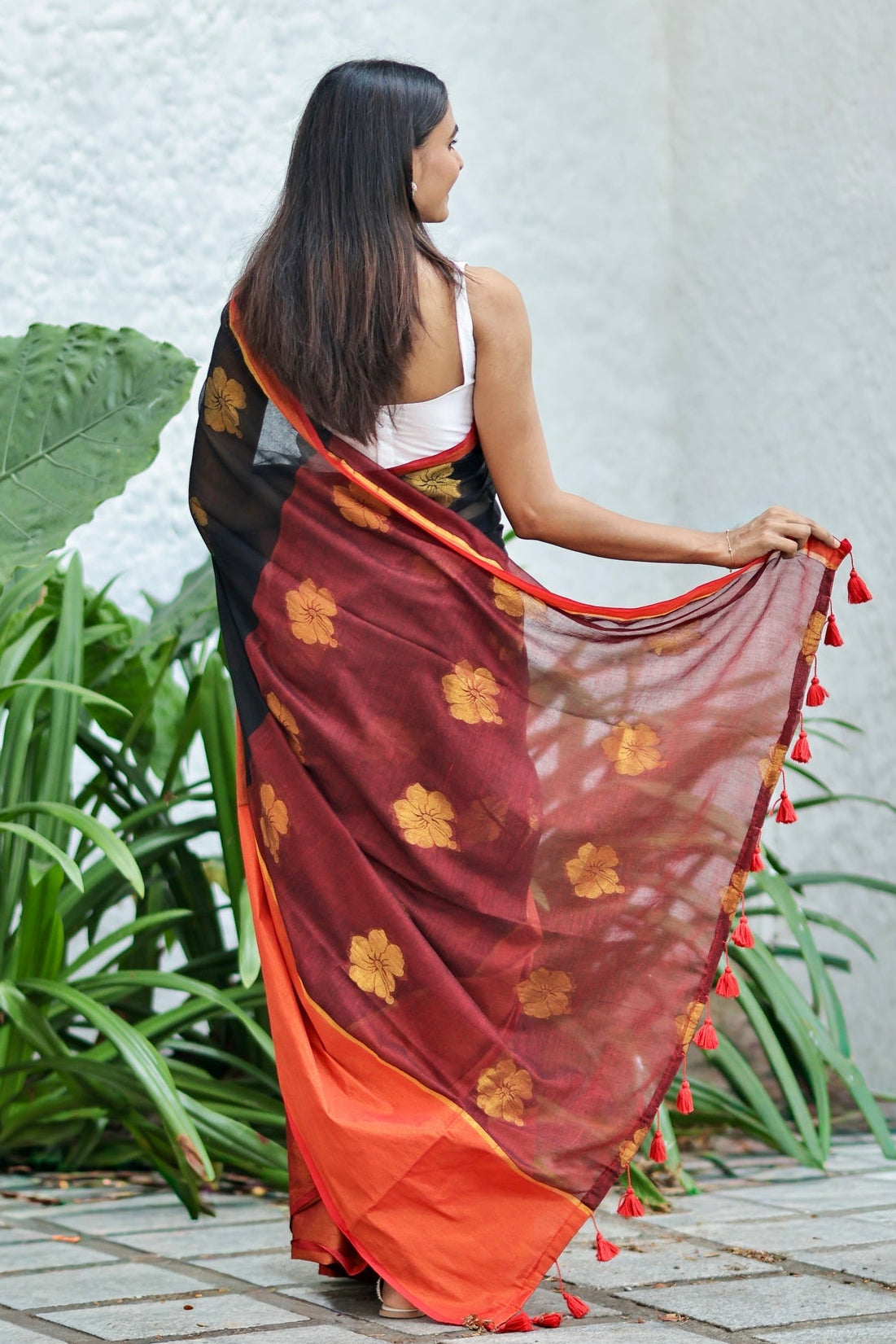 Black Hibiscus Gold Zari Thread Mulmul Cotton Saree with Blouse Piece