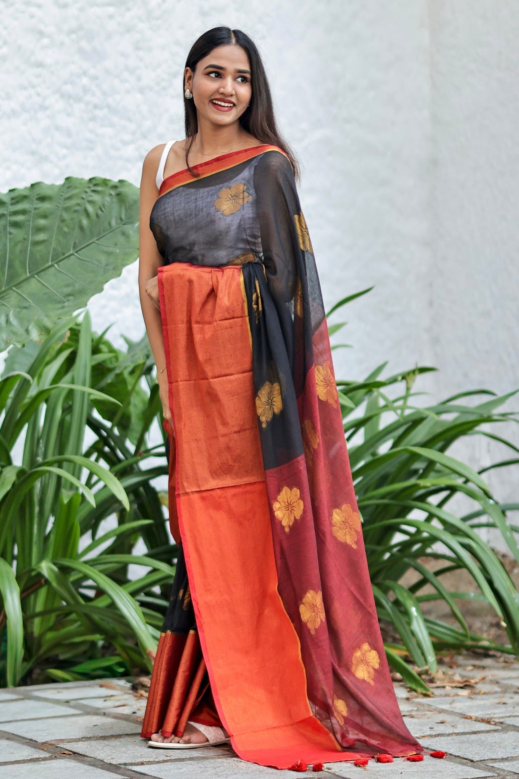 Black Hibiscus Gold Zari Thread Mulmul Cotton Saree with Blouse Piece