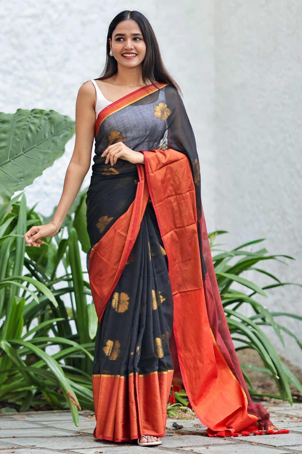 Black Hibiscus Gold Zari Thread Mulmul Cotton Saree with Blouse Piece