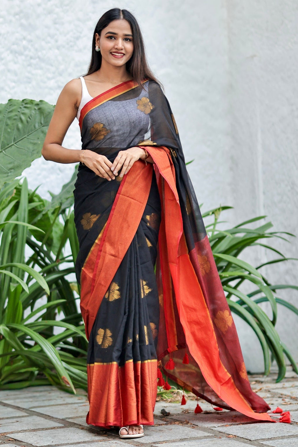 Black Hibiscus Gold Zari Thread Mulmul Cotton Saree with Blouse Piece