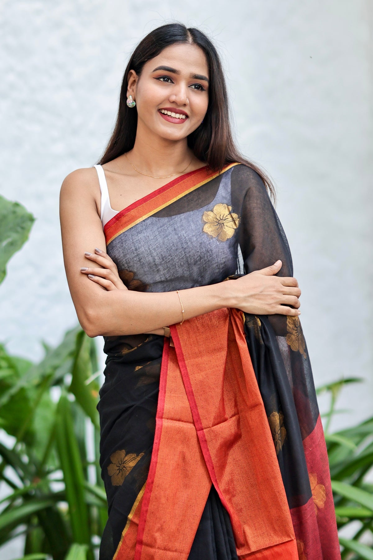 Black Hibiscus Gold Zari Thread Mulmul Cotton Saree with Blouse Piece