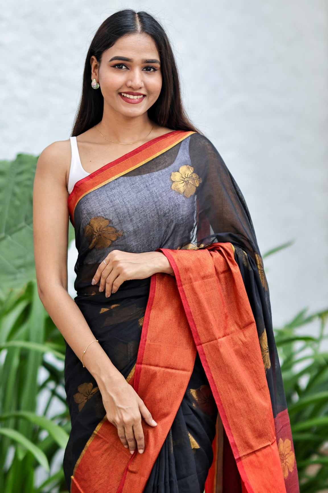 Black Hibiscus Gold Zari Thread Mulmul Cotton Saree with Blouse Piece