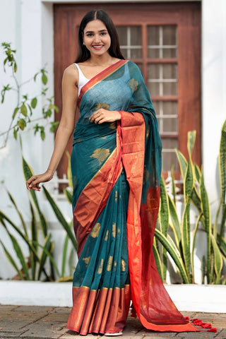 Teal Hibiscus Gold Zari Thread Mulmul Cotton Saree with Blouse Piece