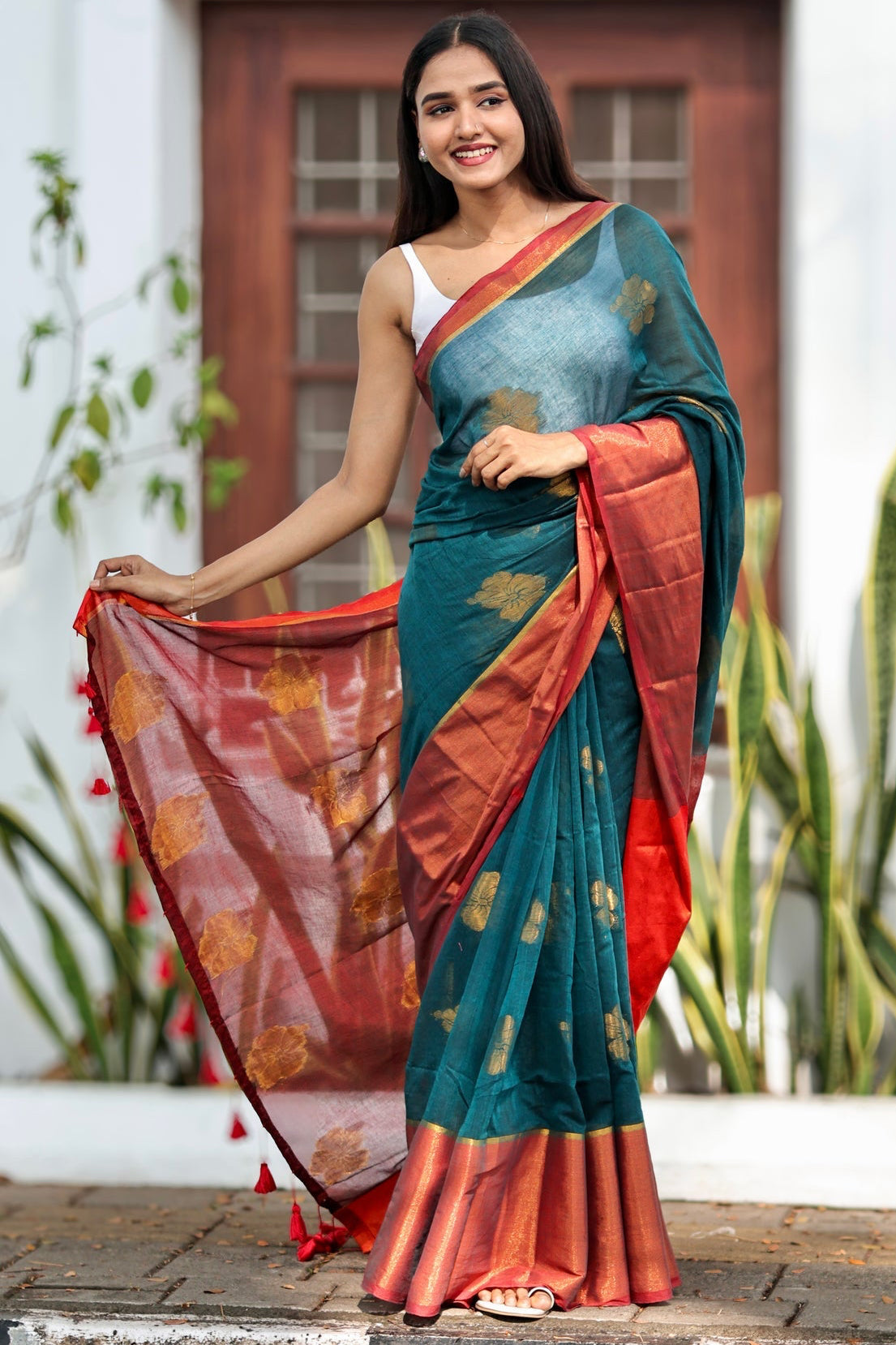 Teal Hibiscus Gold Zari Thread Mulmul Cotton Saree with Blouse Piece