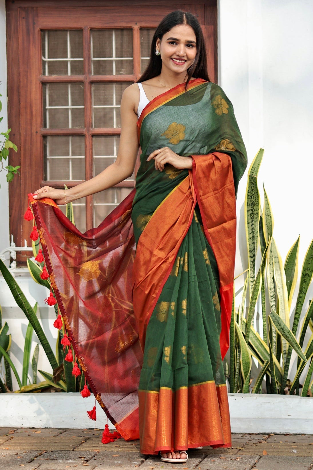 Green Hibiscus Gold Zari Thread Mulmul Cotton Saree with Blouse Piece