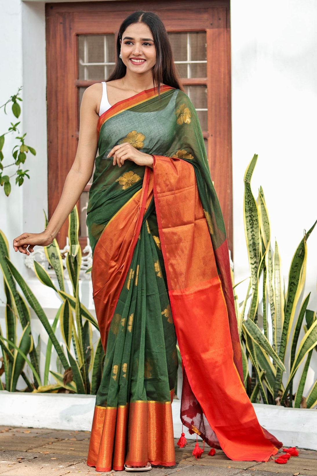 Green Hibiscus Gold Zari Thread Mulmul Cotton Saree with Blouse Piece