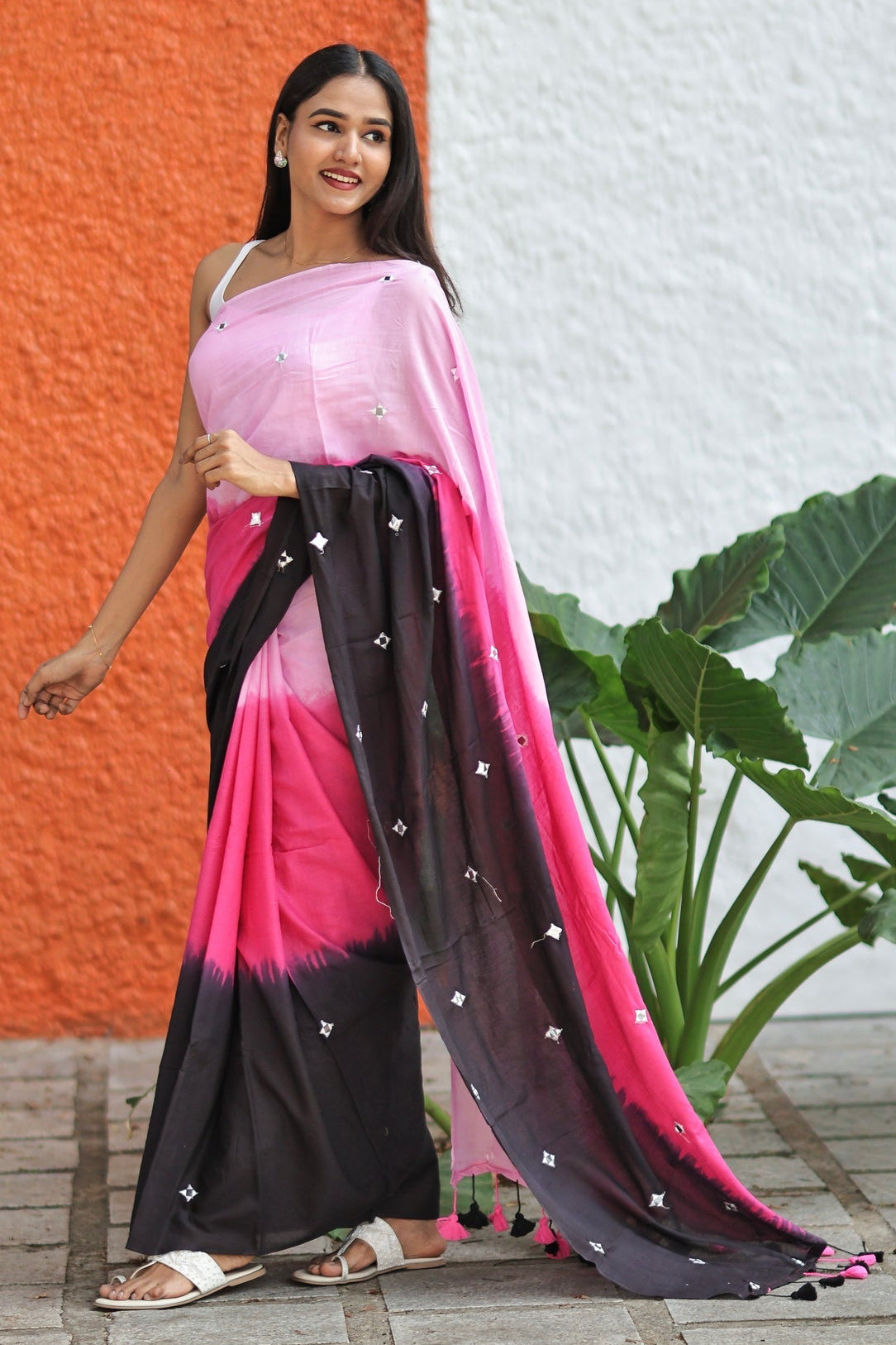 Multicolor pure Mul Mul cotton sarees with mirror work