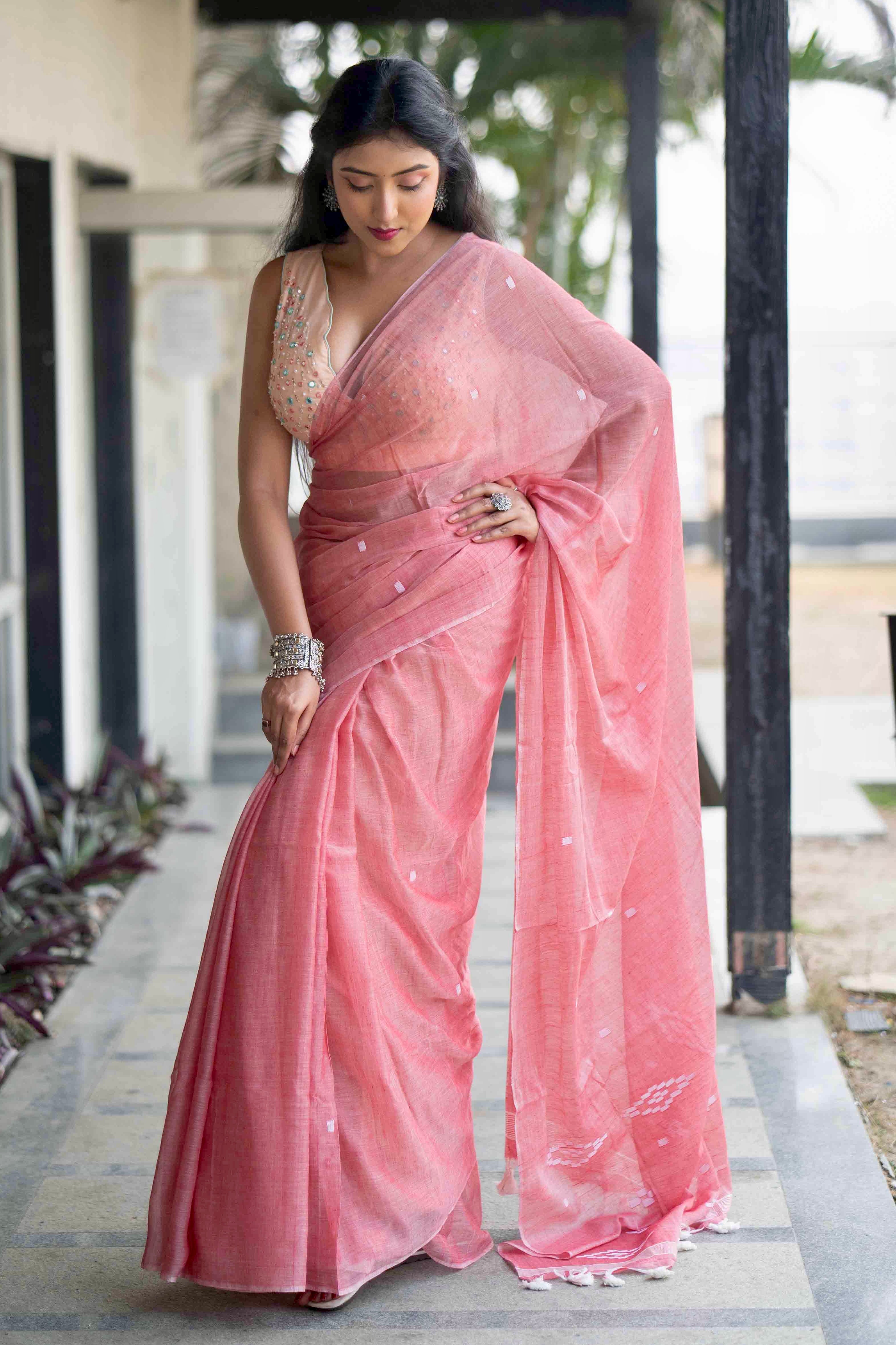 Rose Pink Hand Weaving Mul Mul Cotton Saree