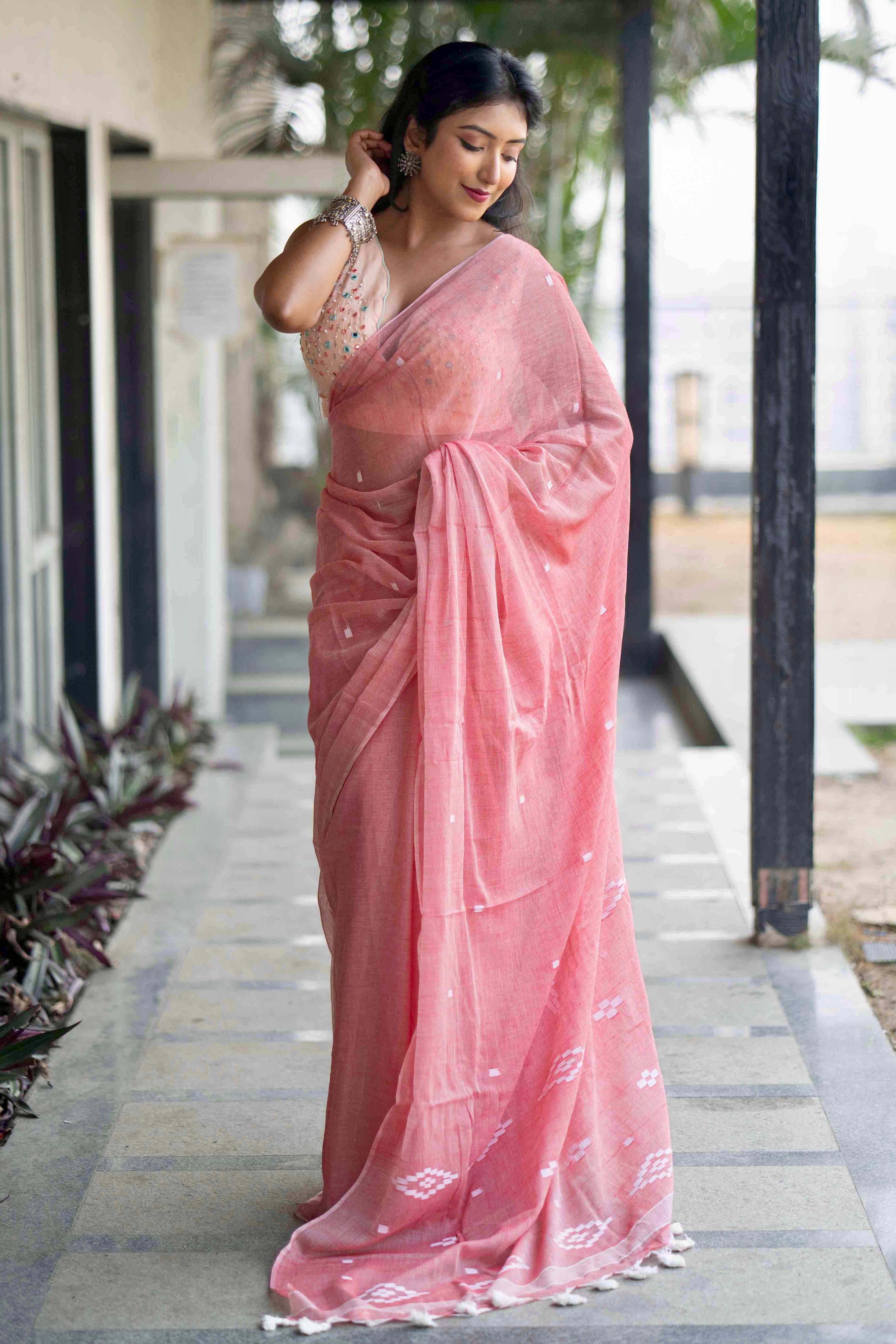 Rose Pink Hand Weaving Mul Mul Cotton Saree