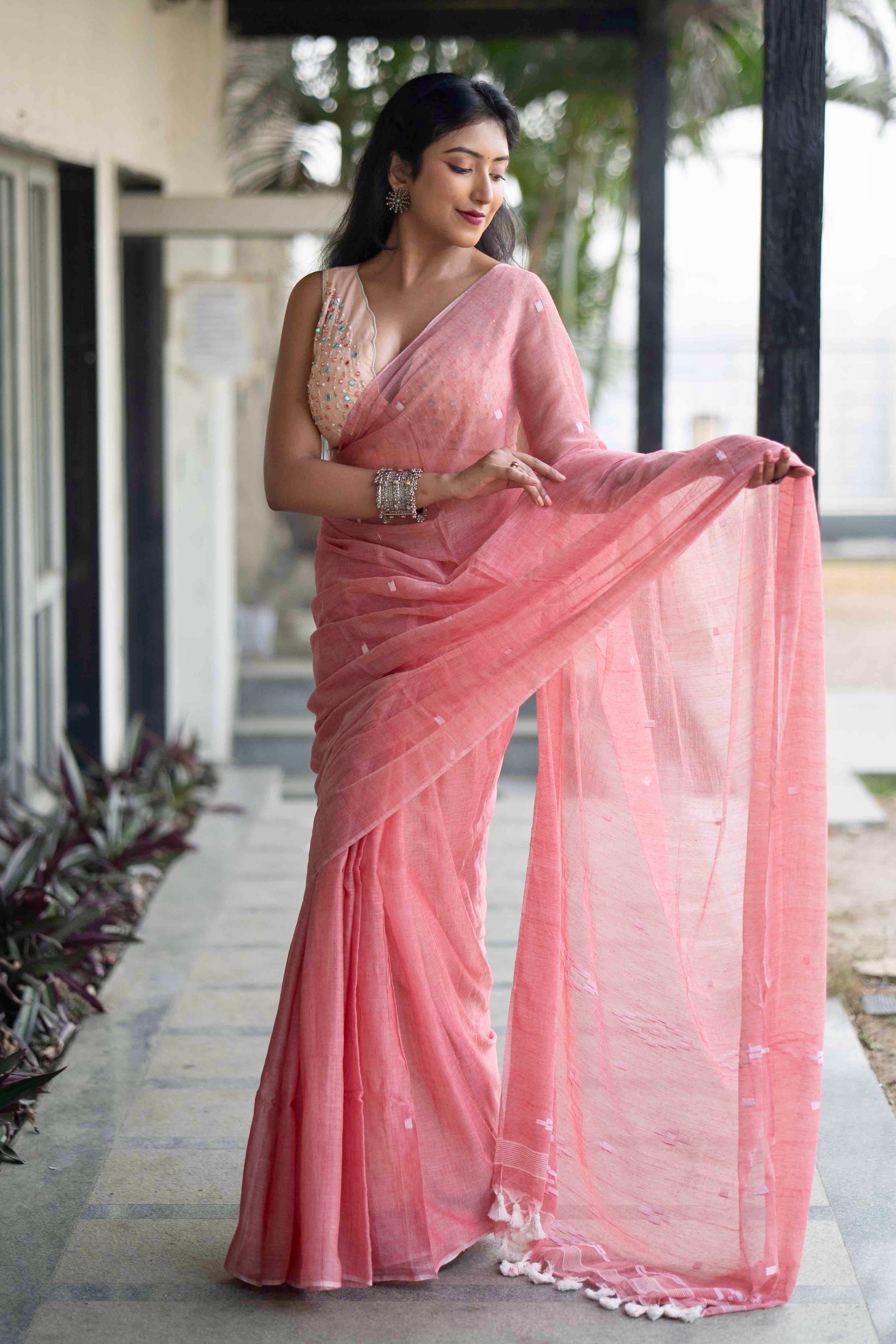 Rose Pink Hand Weaving Mul Mul Cotton Saree