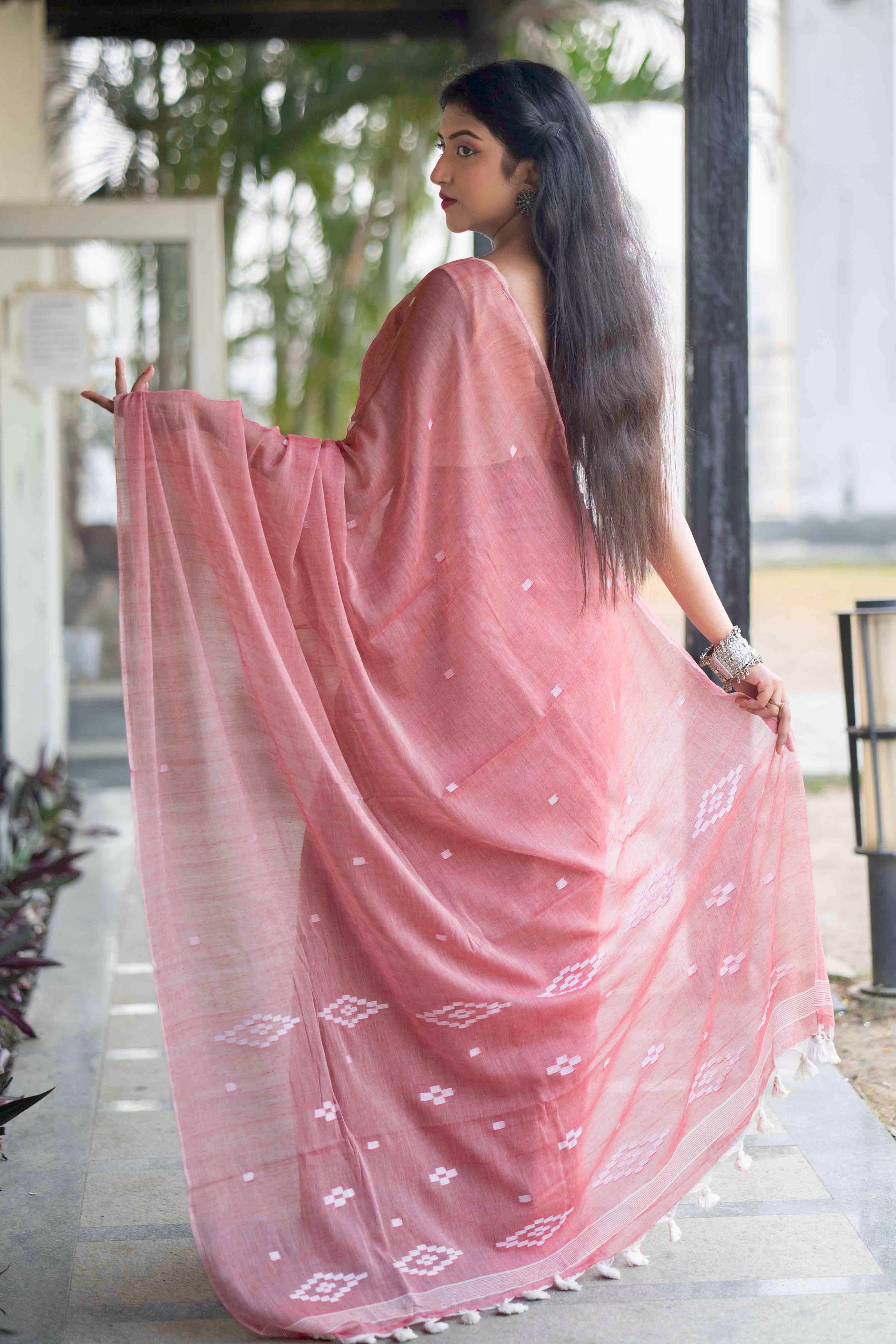Rose Pink Hand Weaving Mul Mul Cotton Saree
