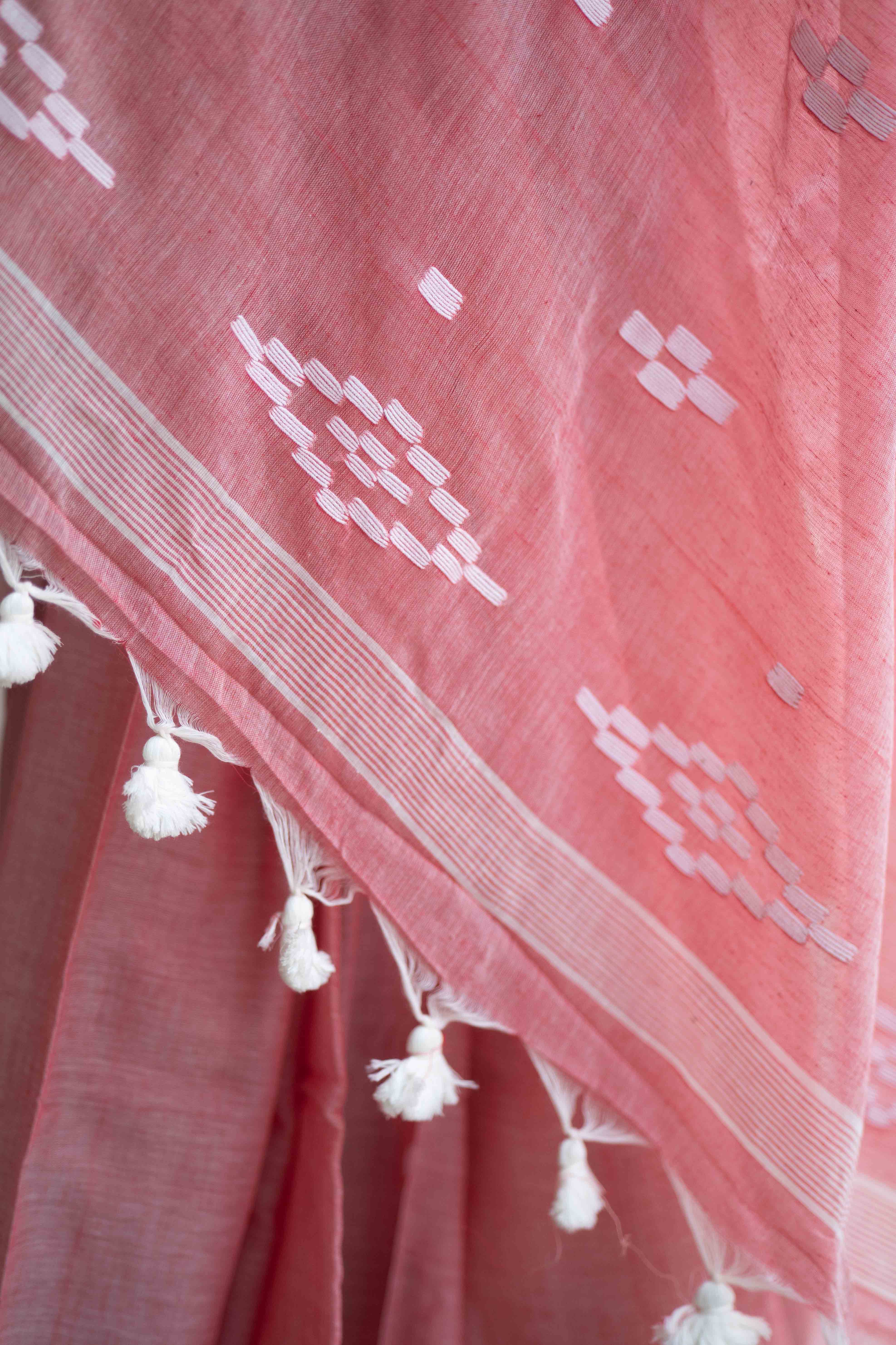 Rose Pink Hand Weaving Mul Mul Cotton Saree