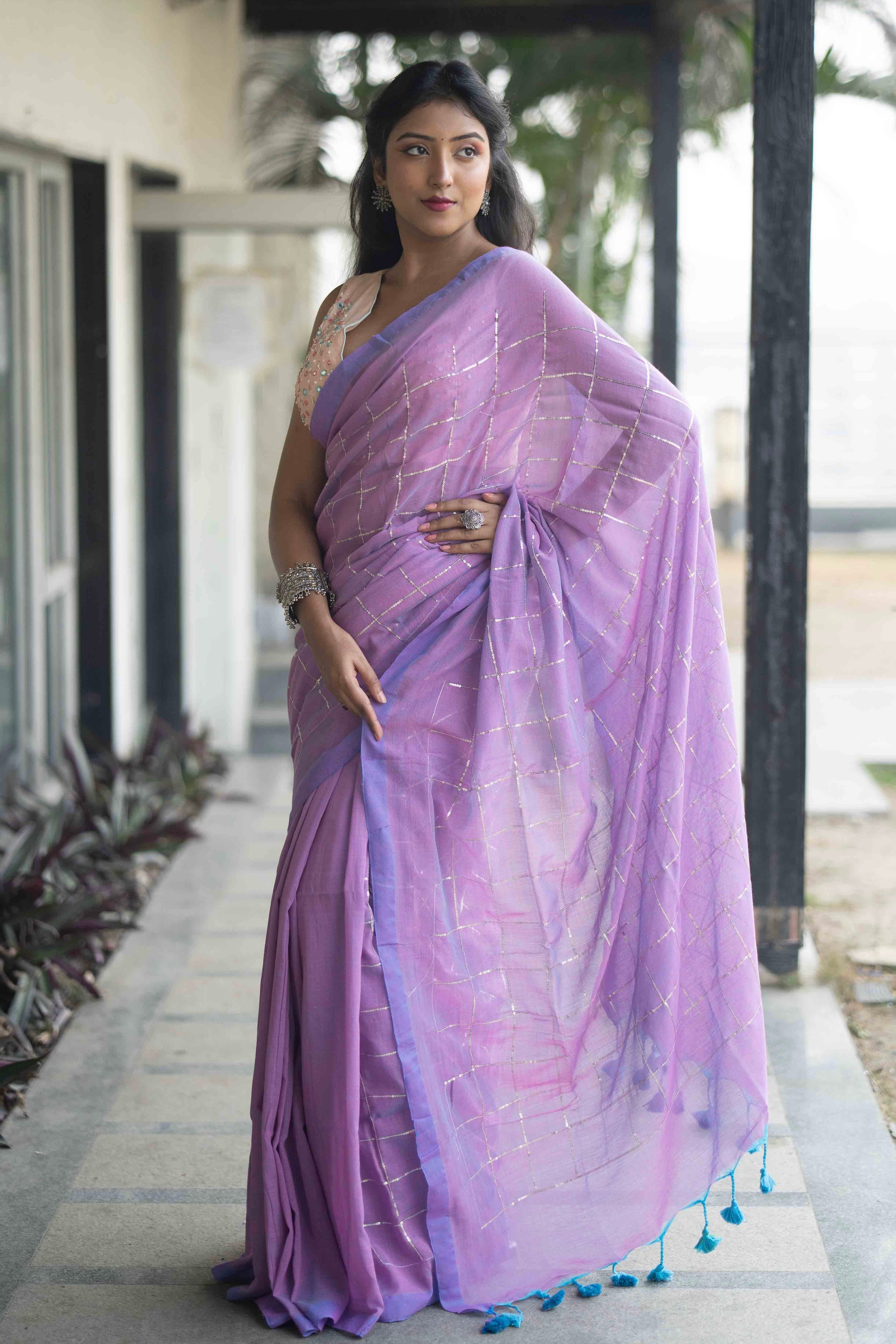 Sunset purple pure soft  cotton sequence work saree