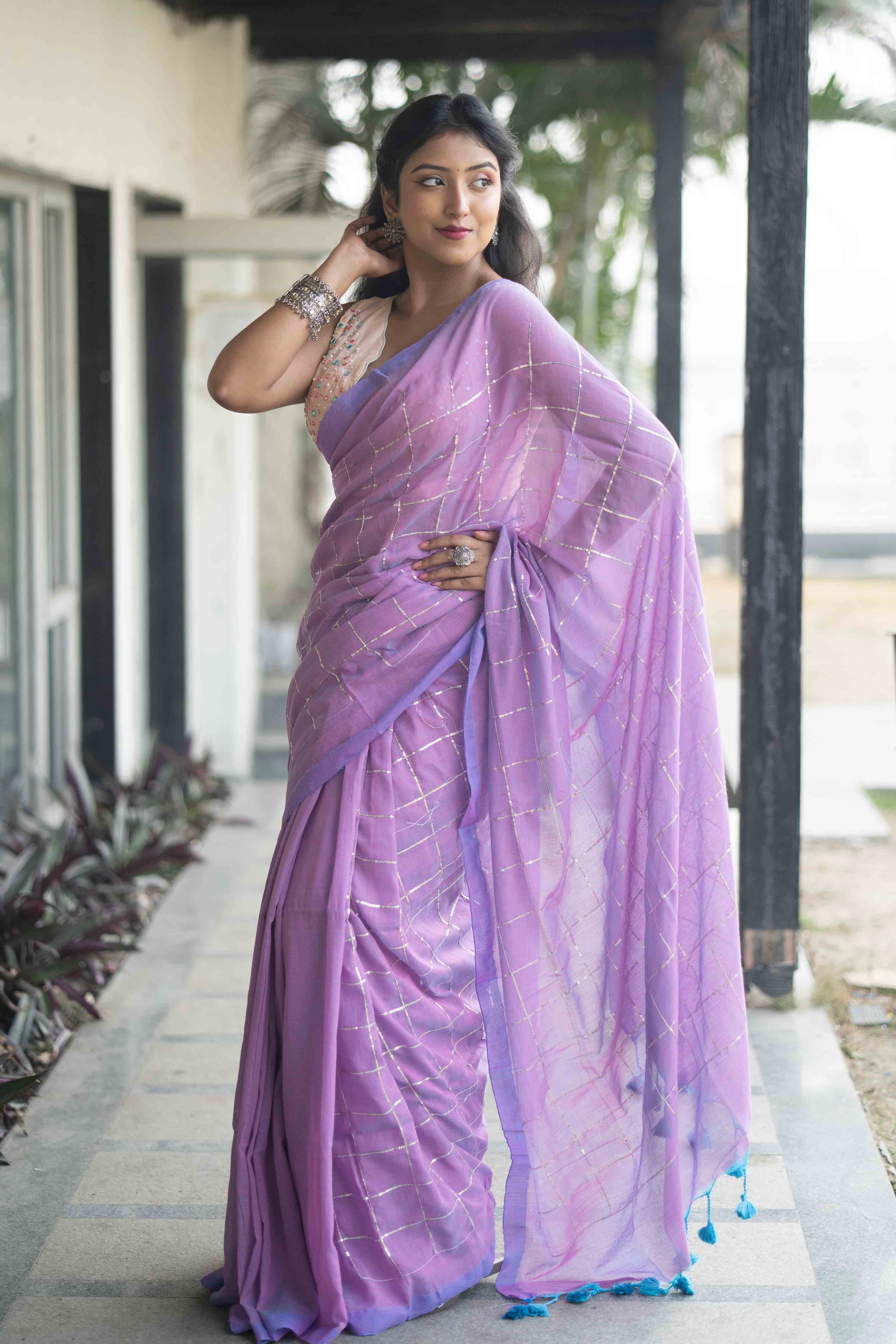 Sunset purple pure soft  cotton sequence work saree