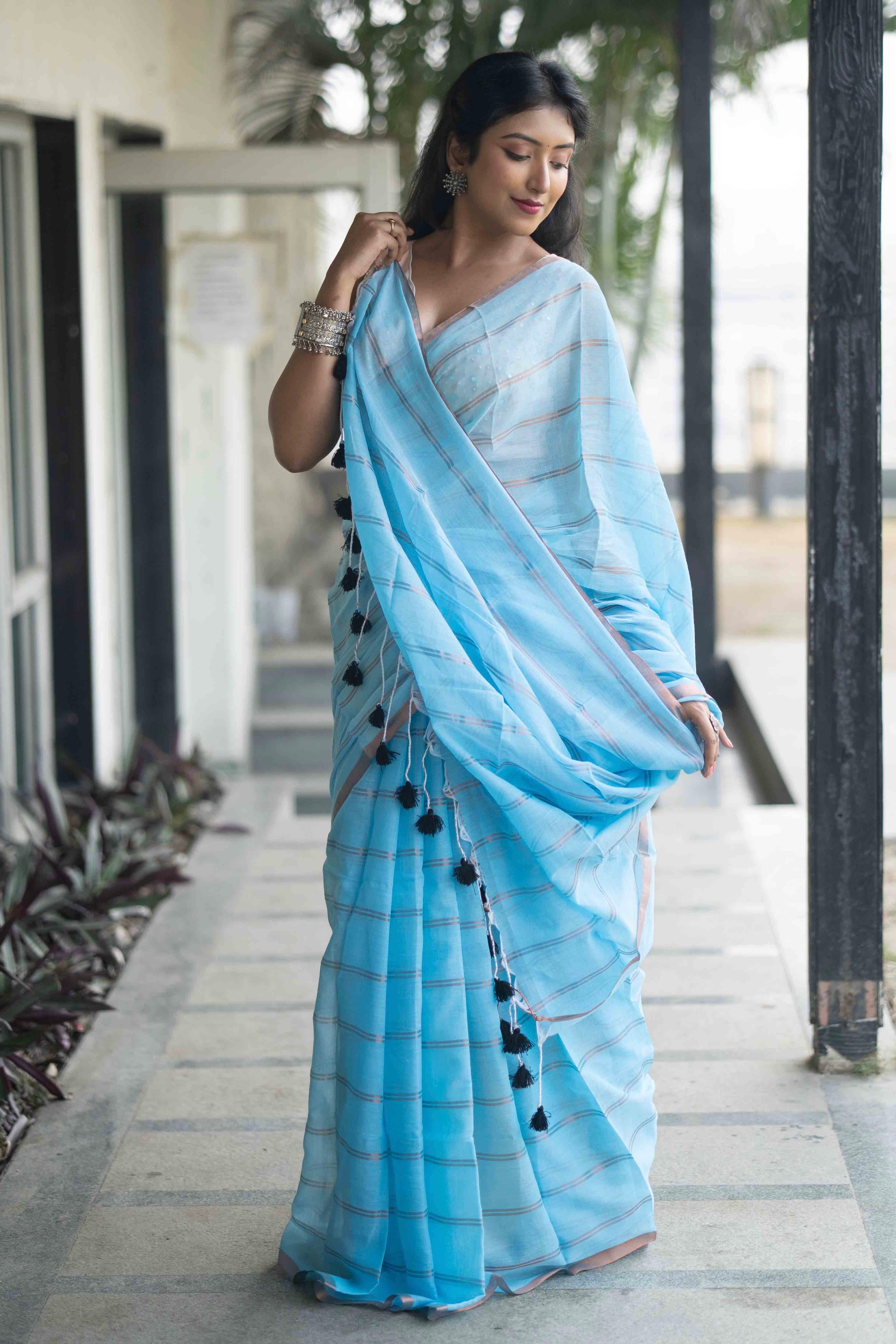 Sky Blue Striped Mul Mul Cotton Saree